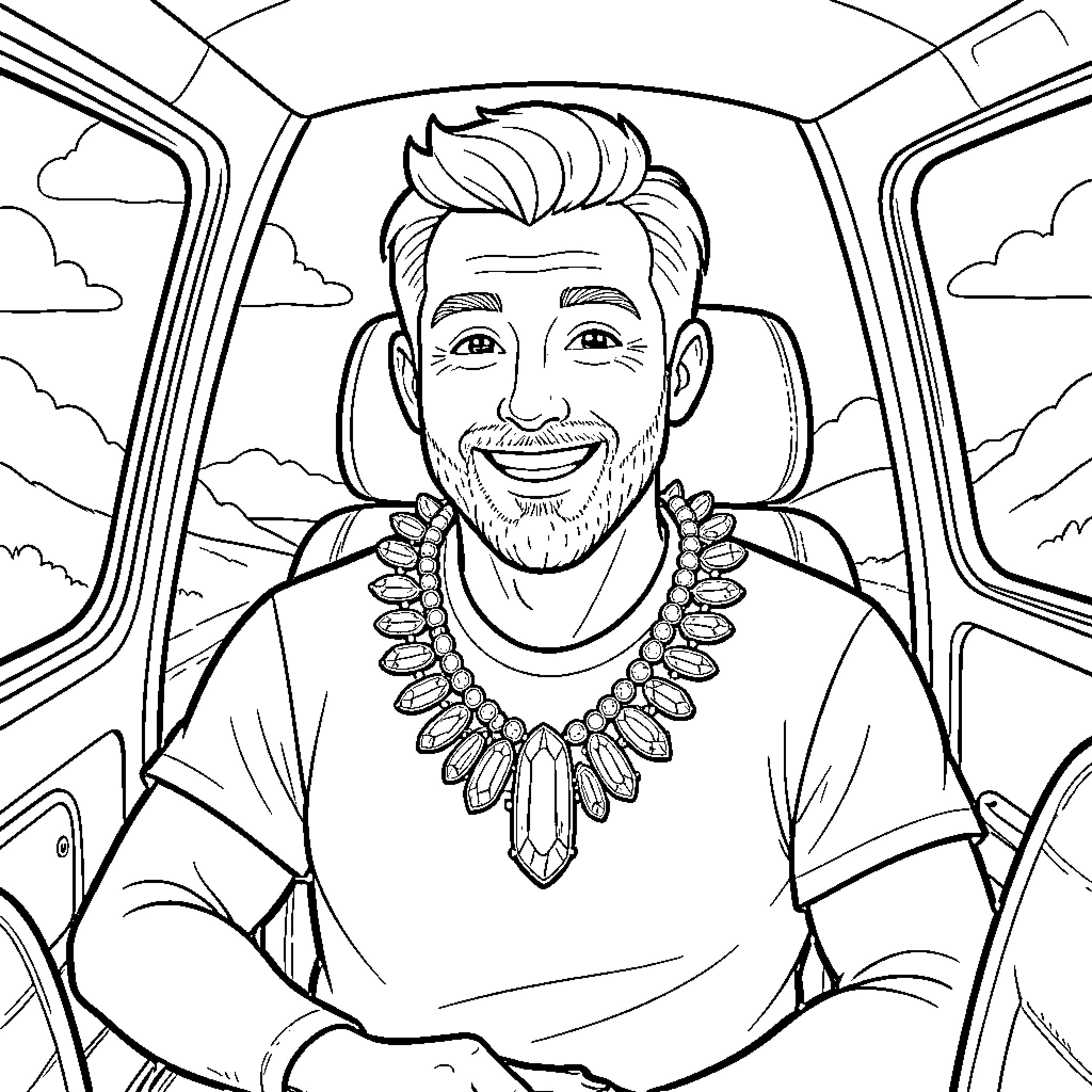 Dad smiling happily in his adventure vehicle Coloring Page (free black-and-white line drawing printable PDF for all, from beginners to advanced learners, including children, teens, adults, and seniors)