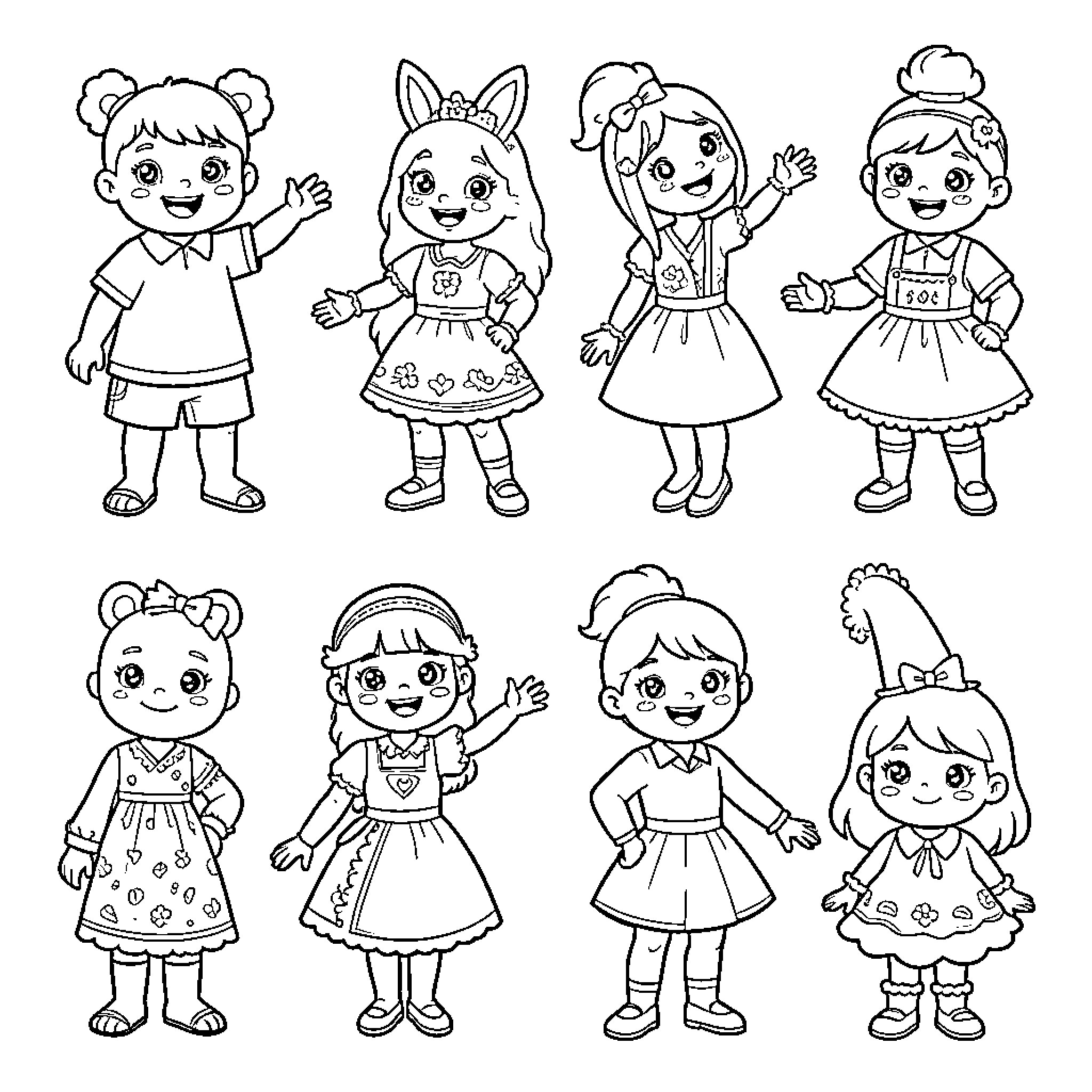 Ternurines of diverse cute children posing happily Coloring Page (free black-and-white line drawing printable PDF for all, from beginners to advanced learners, including children, teens, adults, and seniors)