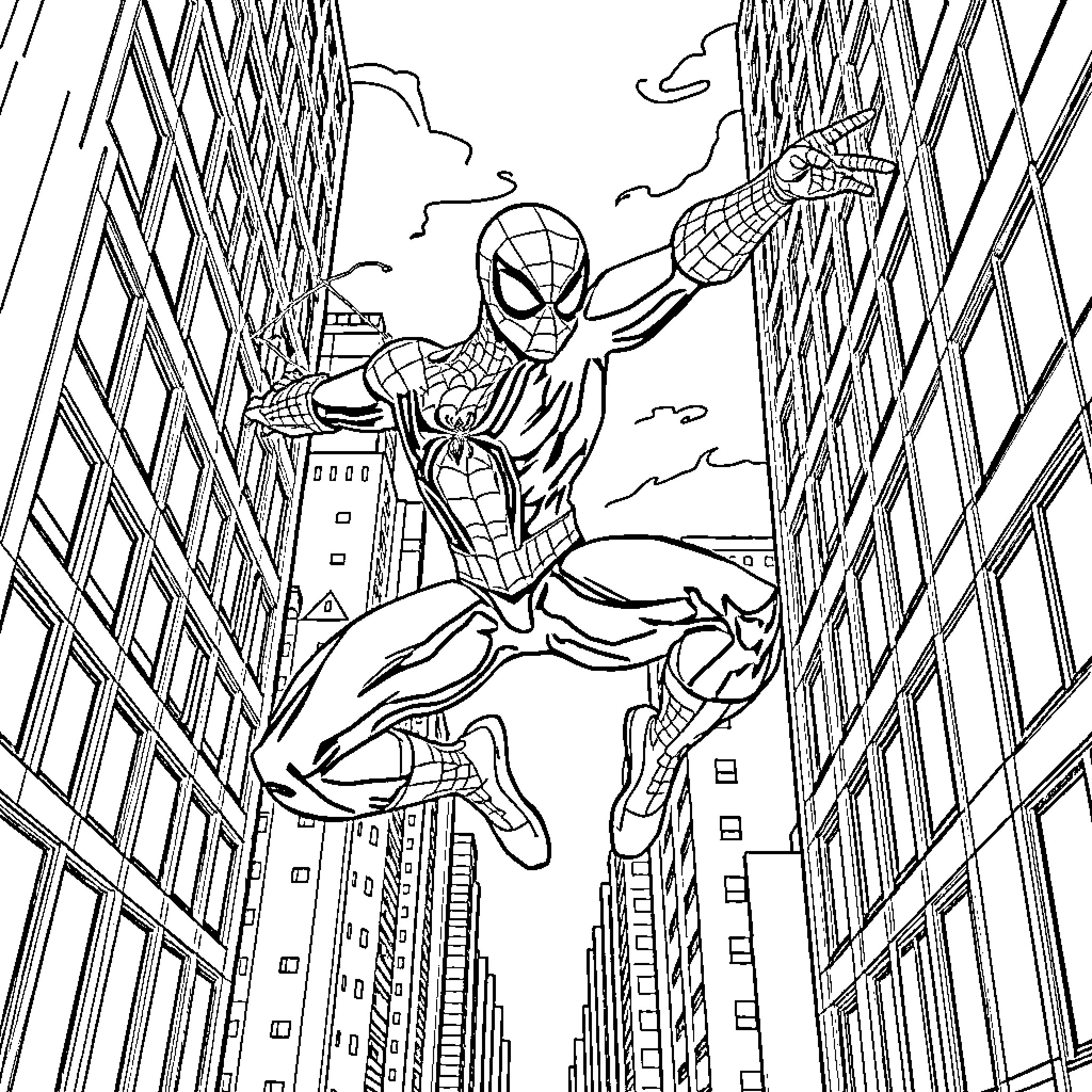 Spiderman swinging through the city skyline Coloring Page (free black-and-white line drawing printable PDF for all, from beginners to advanced learners, including children, teens, adults, and seniors)