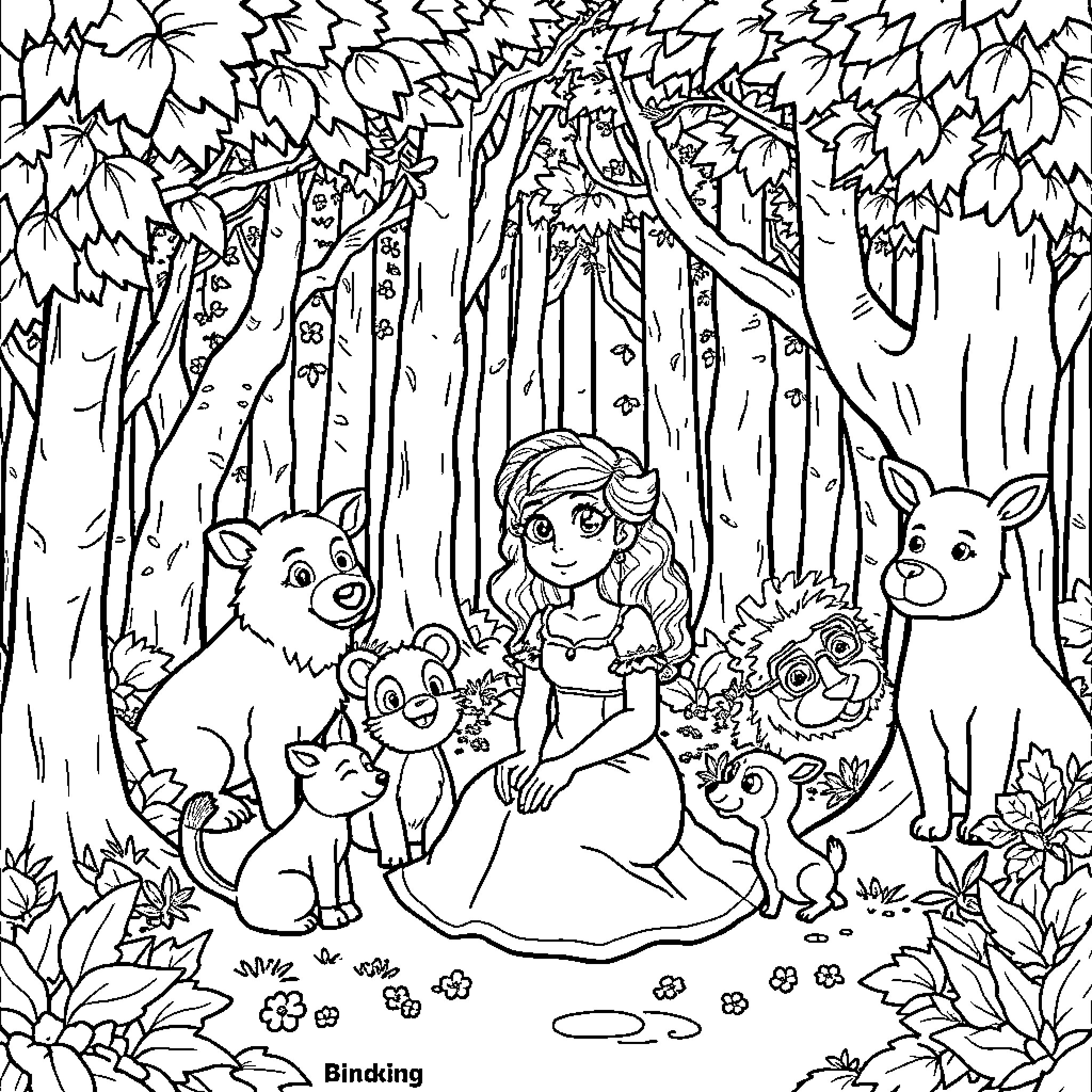Snow White surrounded by forest animals in a woodland scene Coloring Page (free black-and-white line drawing printable PDF for all, from beginners to advanced learners, including children, teens, adults, and seniors)