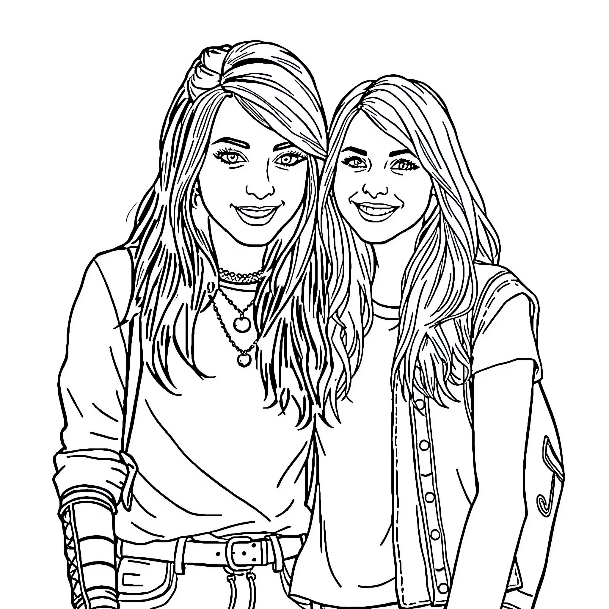 Avril Lavigne and friend in stylish casual attire Coloring Page (free black-and-white line drawing printable PDF for all, from beginners to advanced learners, including children, teens, adults, and seniors)