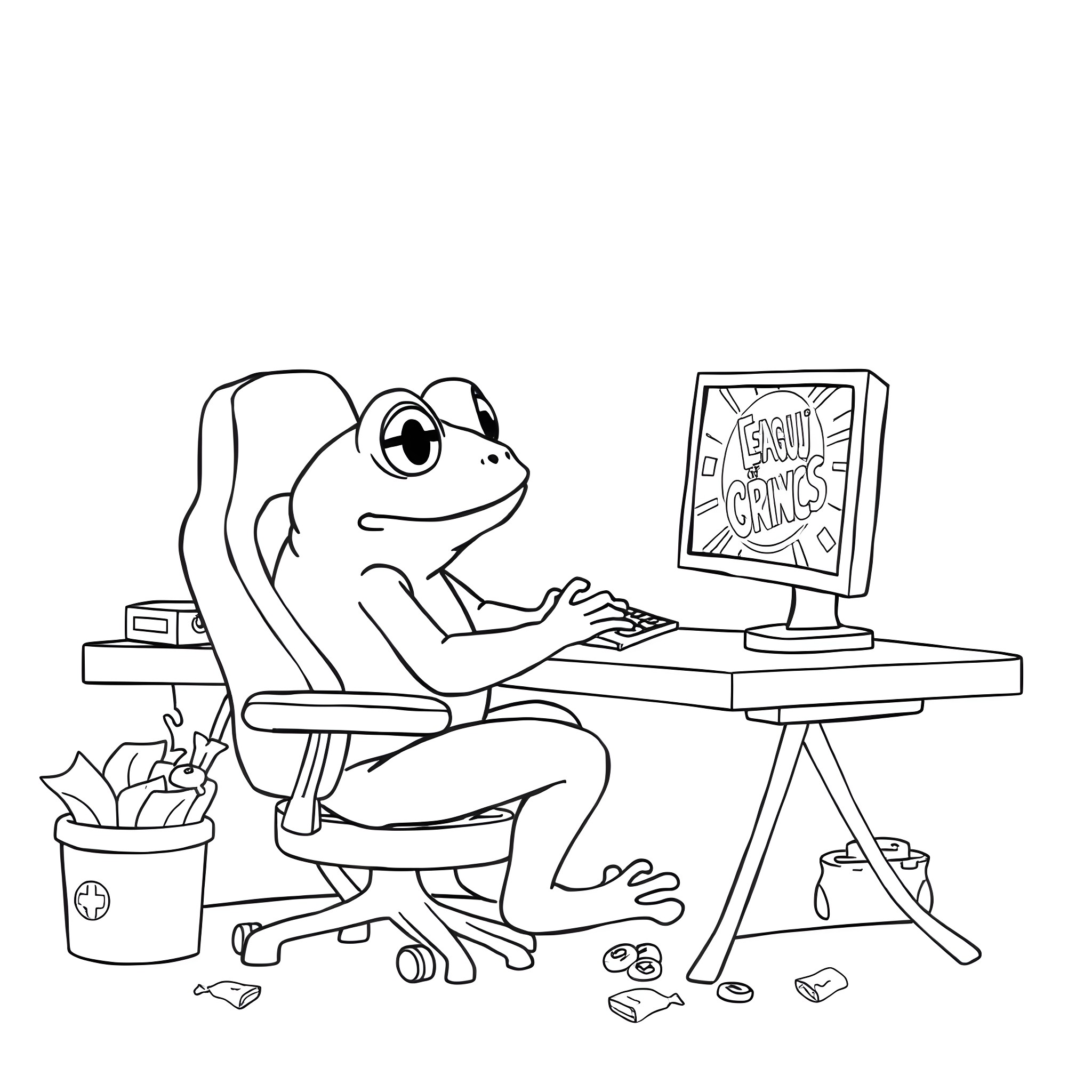 Frog working diligently on a computer Coloring Page (free black-and-white line drawing printable PDF for all, from beginners to advanced learners, including children, teens, adults, and seniors)