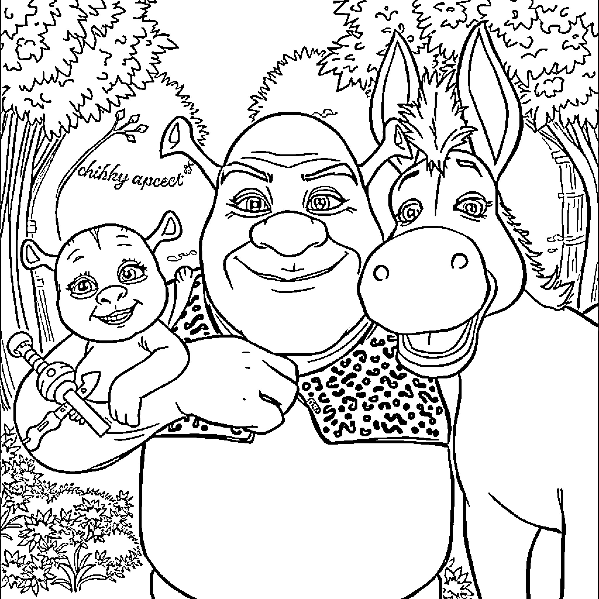 Shrek and friends in a whimsical forest setting Coloring Page (free black-and-white line drawing printable PDF for all, from beginners to advanced learners, including children, teens, adults, and seniors)