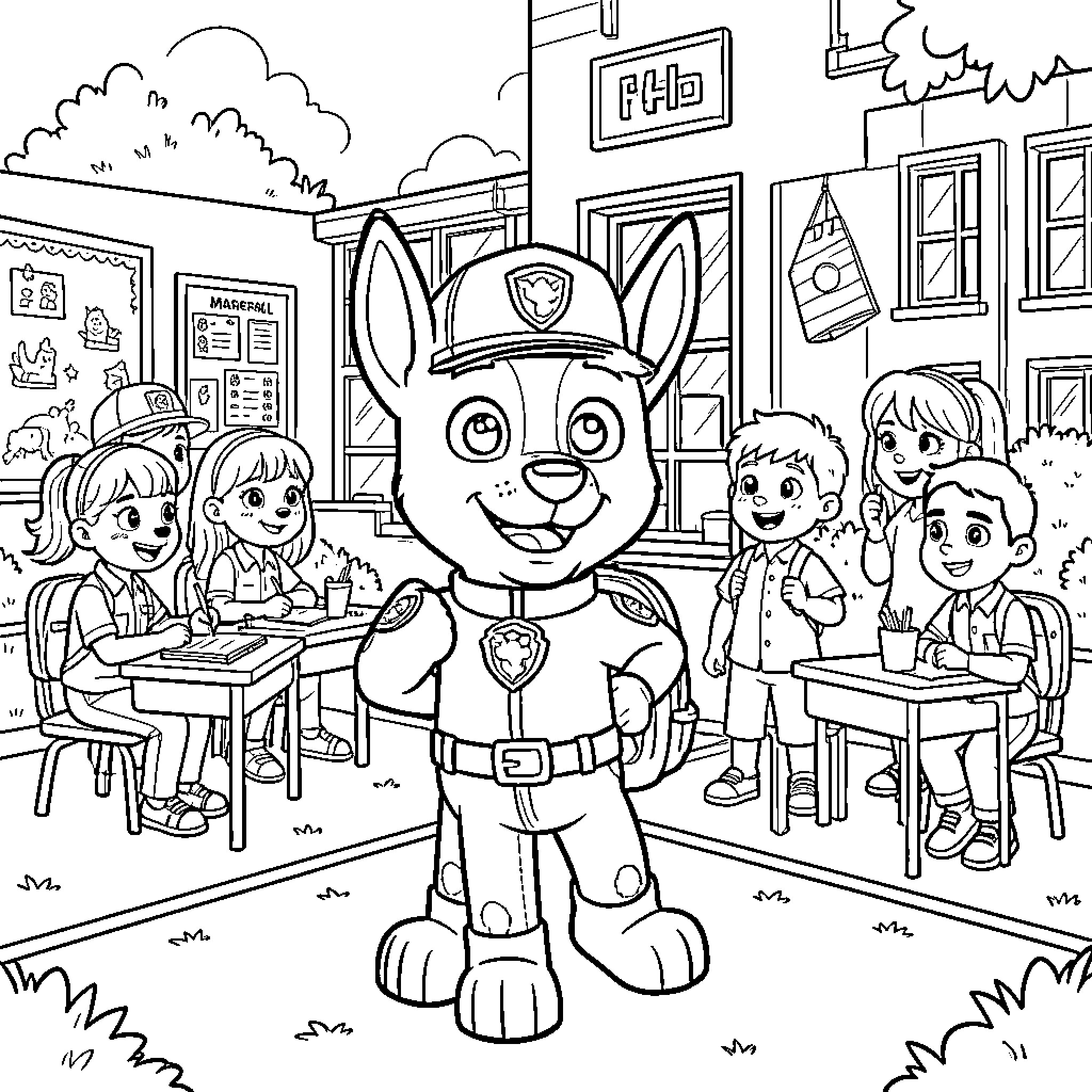 Paw Patrol Marshall standing proudly among group of children Coloring Page (free black-and-white line drawing printable PDF for all, from beginners to advanced learners, including children, teens, adults, and seniors)