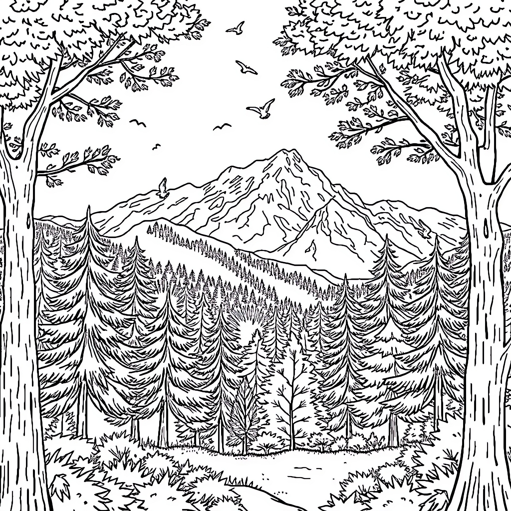 Mountain landscape with trees, birds, and a rocky peak Coloring Page (free black-and-white line drawing printable PDF for all, from beginners to advanced learners, including children, teens, adults, and seniors)