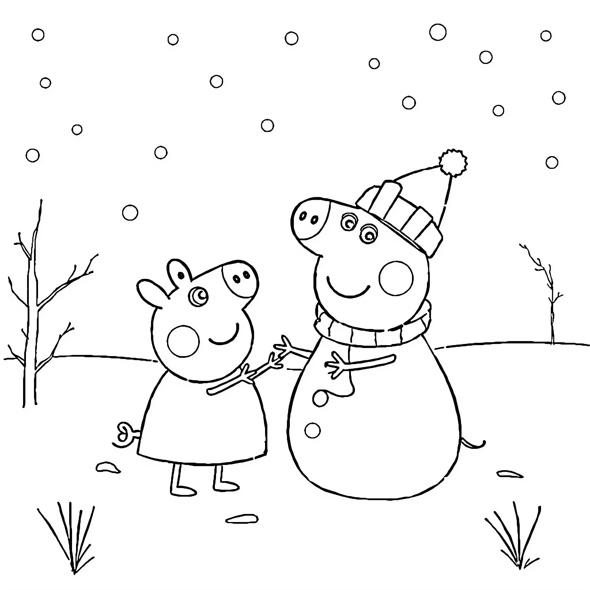 Peppa Pig and Snowman Building Fun in Winter Coloring Page (free black-and-white line drawing printable PDF for all, from beginners to advanced learners, including children, teens, adults, and seniors)