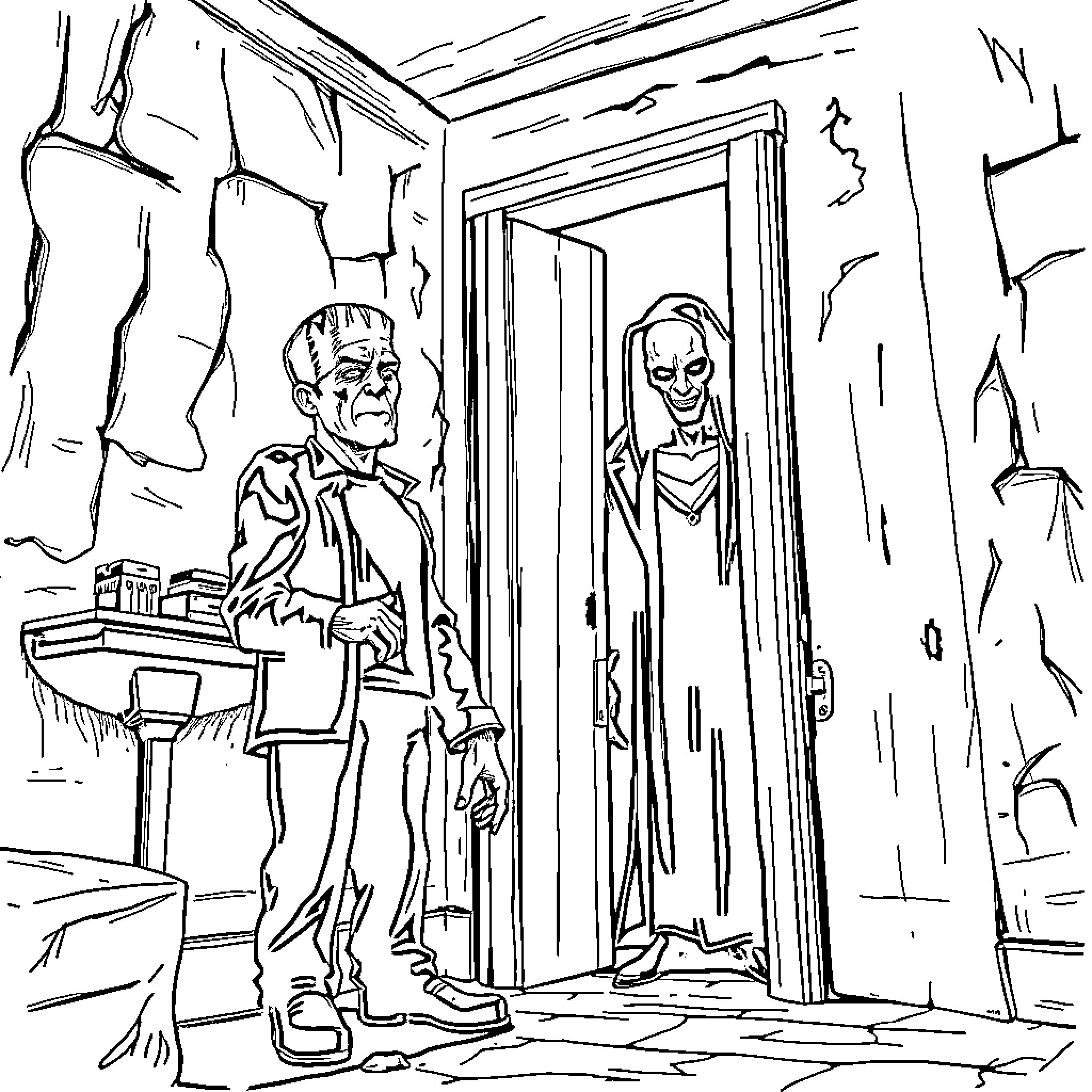 Frankenstein's Monster and its Creator in a Haunting Abode Coloring Page (free black-and-white line drawing printable PDF for all, from beginners to advanced learners, including children, teens, adults, and seniors)