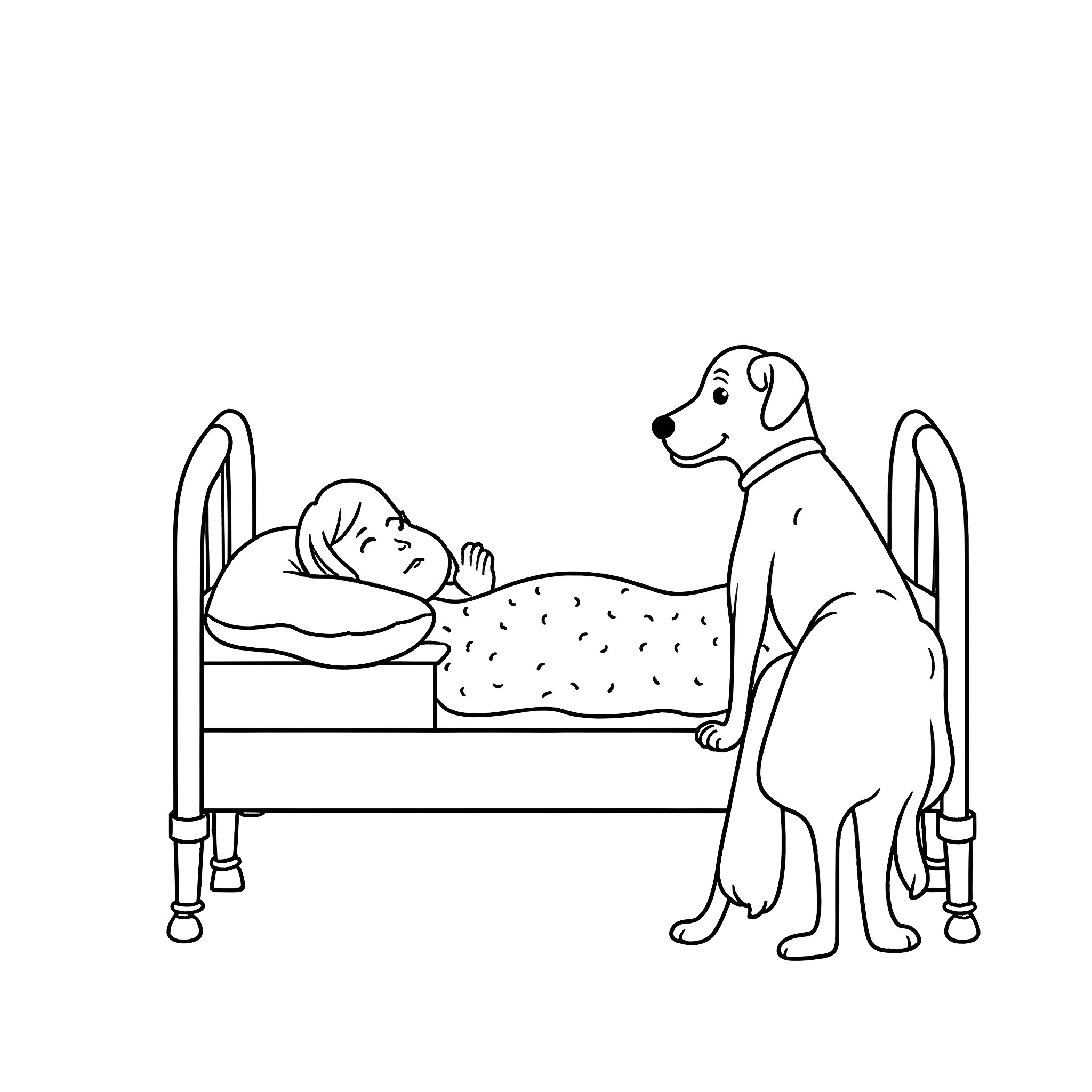 Dog guarding sleeping person in bed Coloring Page (free black-and-white line drawing printable PDF for all, from beginners to advanced learners, including children, teens, adults, and seniors)