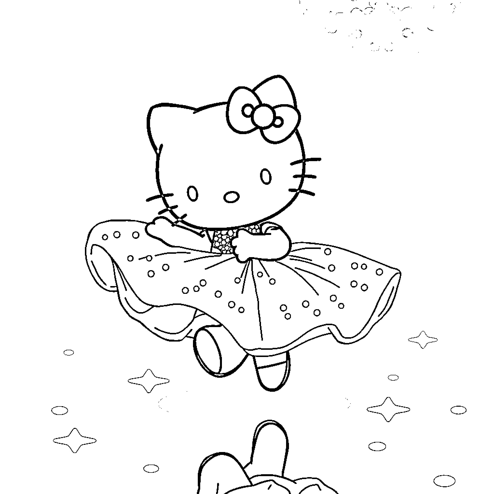 Hello Kitty dancing among the stars Coloring Page (free black-and-white line drawing printable PDF for all, from beginners to advanced learners, including children, teens, adults, and seniors)