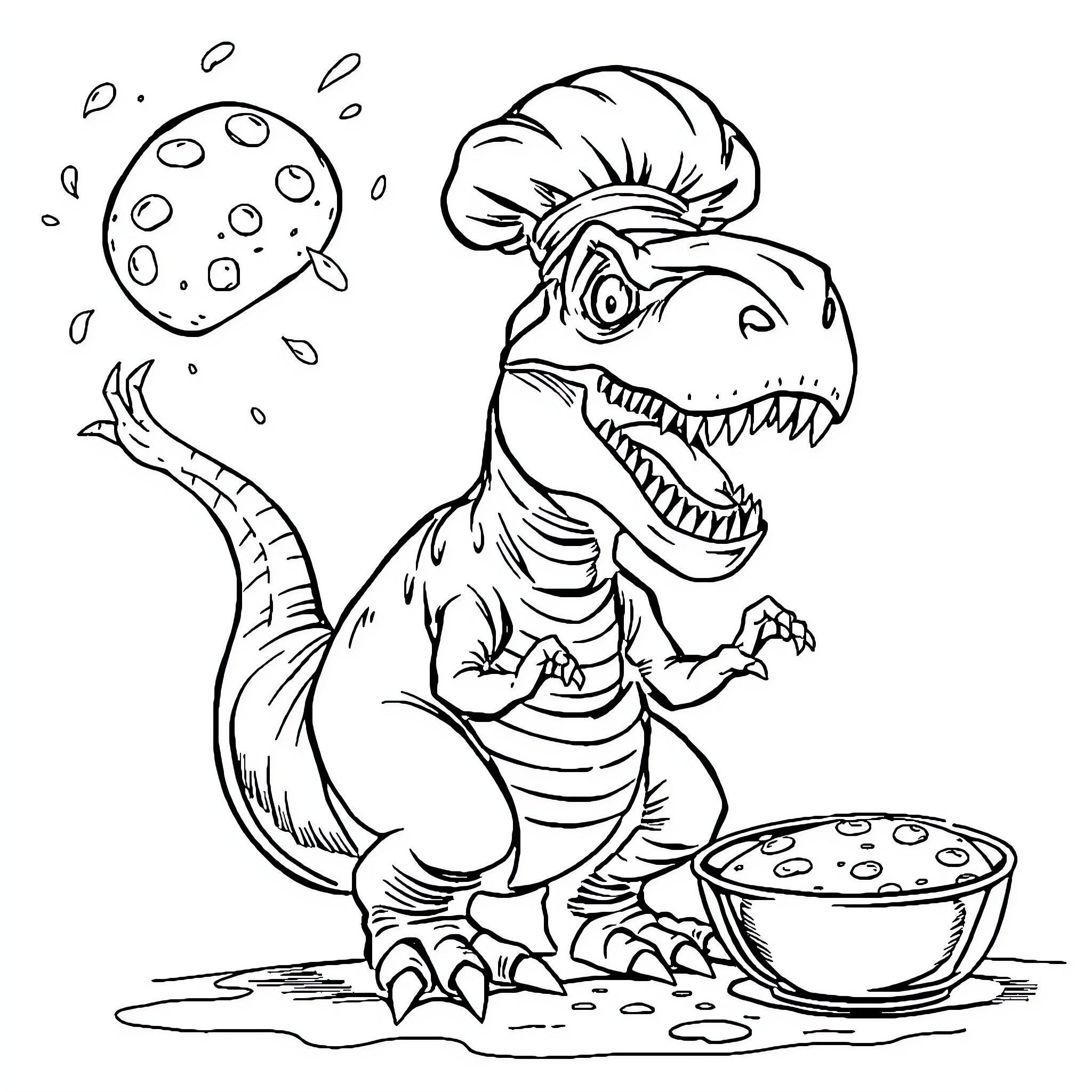 Dinosaur Chef Preparing a Meal Coloring Page (free black-and-white line drawing printable PDF for all, from beginners to advanced learners, including children, teens, adults, and seniors)