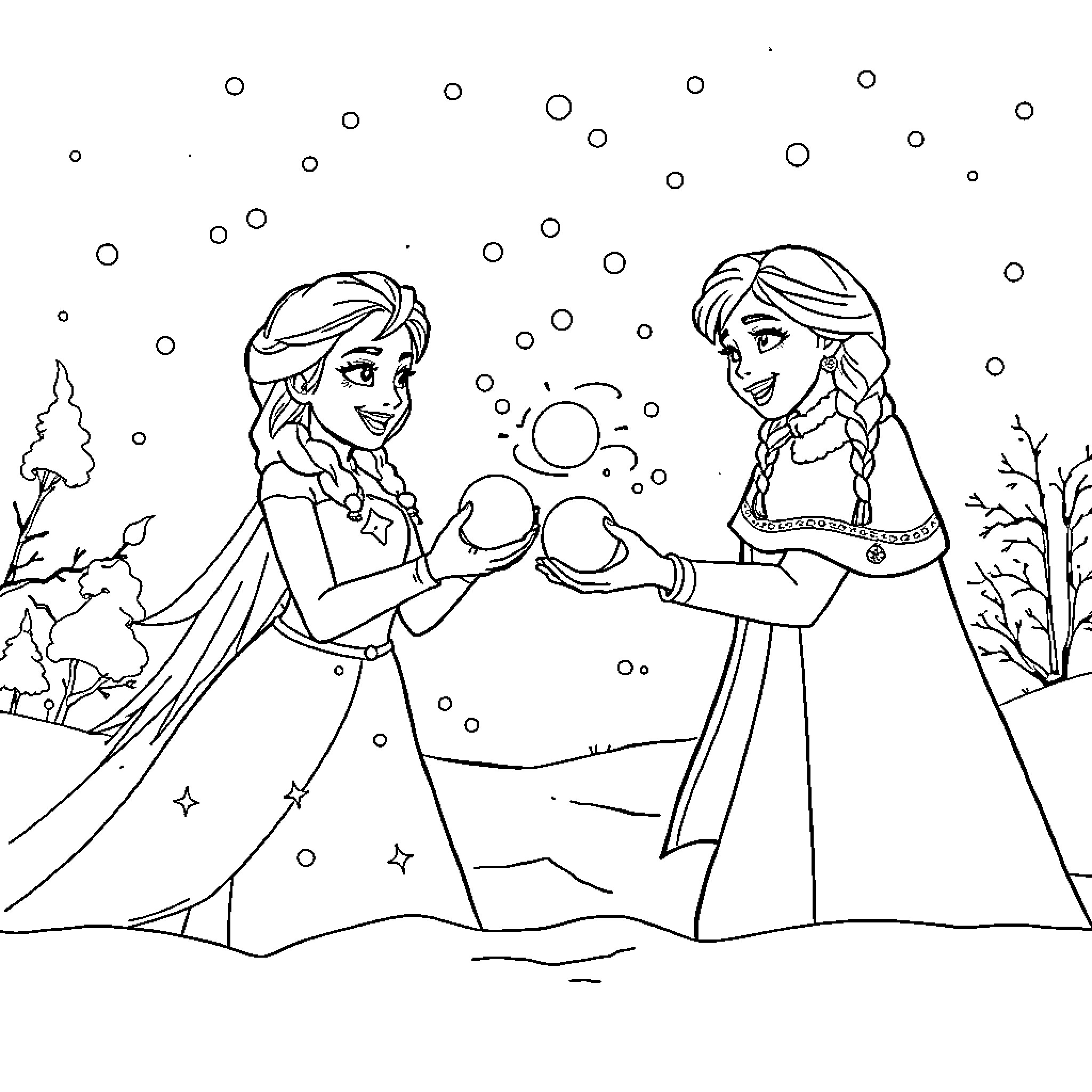 Elsa and Anna building a snowman in winter wonderland Coloring Page (free black-and-white line drawing printable PDF for all, from beginners to advanced learners, including children, teens, adults, and seniors)