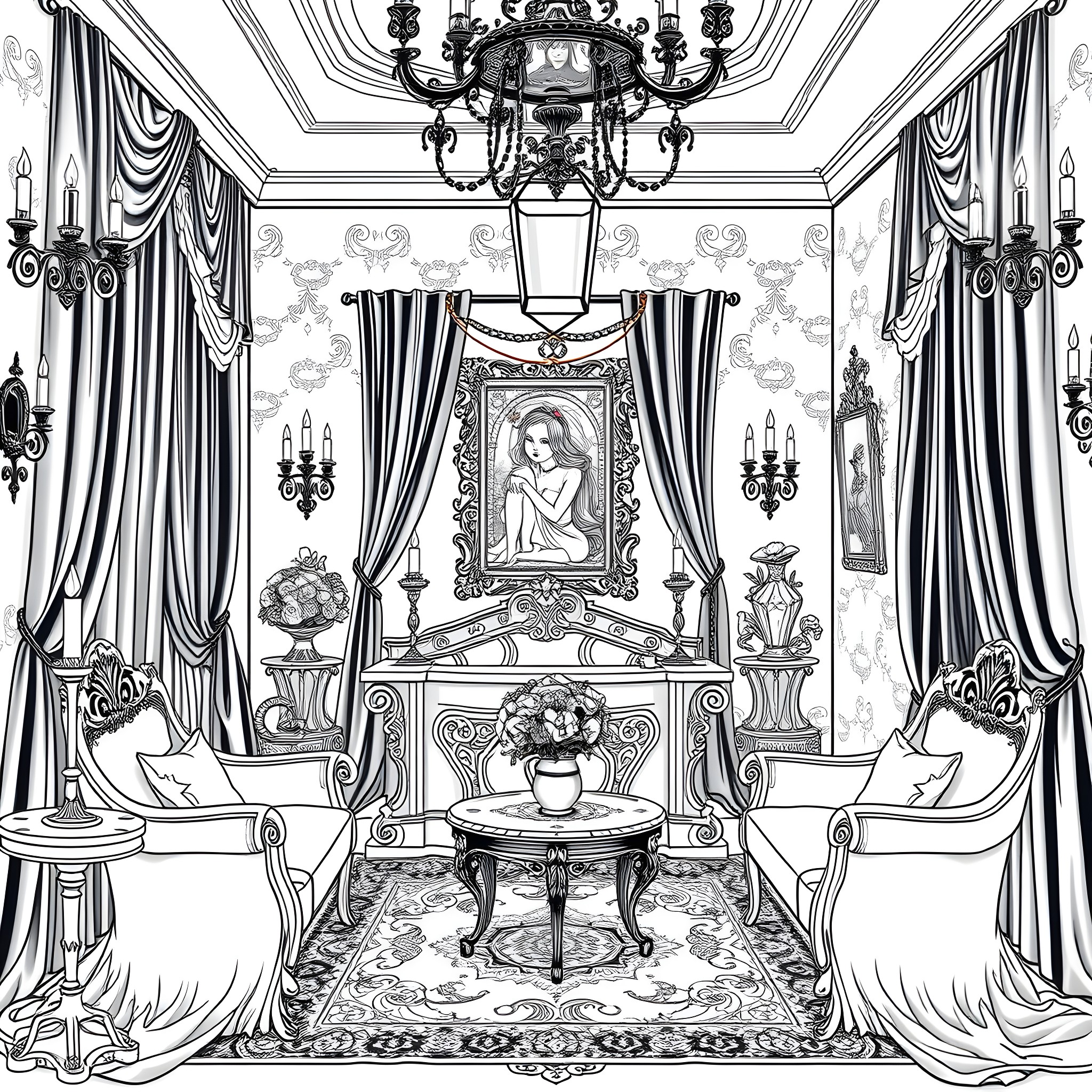 Bedroom with Elegant Furnishings and Artwork Coloring Page (free black-and-white line drawing printable PDF for all, from beginners to advanced learners, including children, teens, adults, and seniors)
