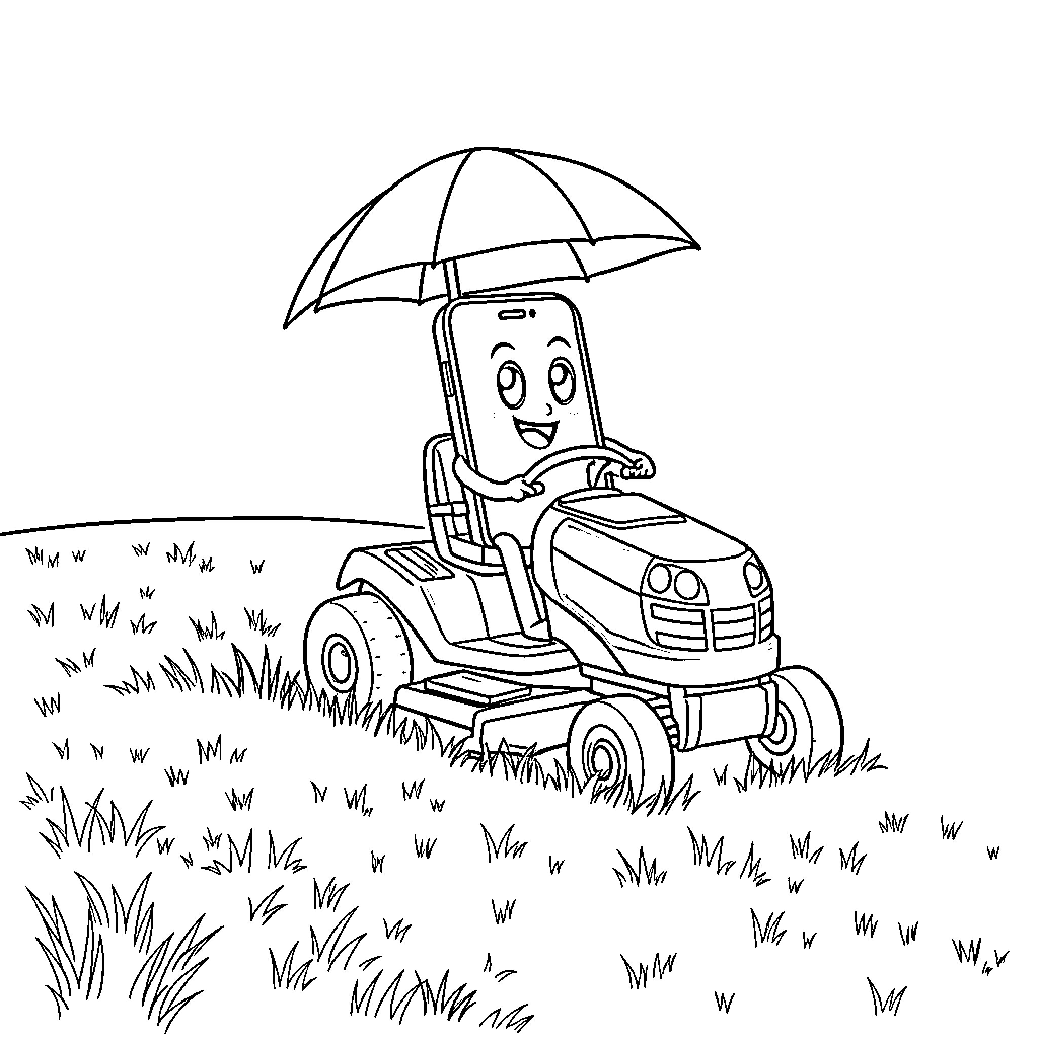 iPhone character driving tractor with umbrella in the park Coloring Page (free black-and-white line drawing printable PDF for all, from beginners to advanced learners, including children, teens, adults, and seniors)