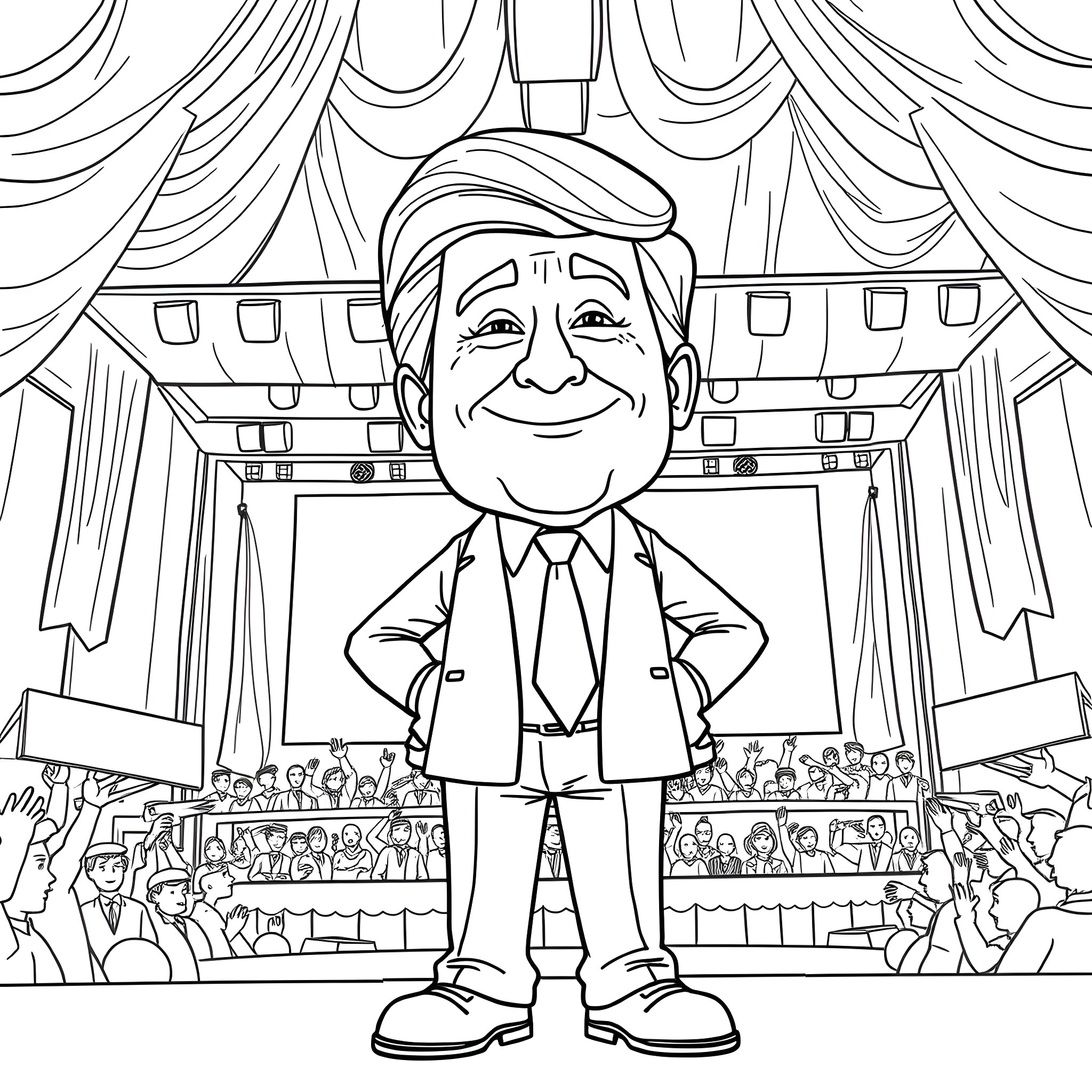 Donald Trump smiling happily on stage with audience Coloring Page (free black-and-white line drawing printable PDF for all, from beginners to advanced learners, including children, teens, adults, and seniors)