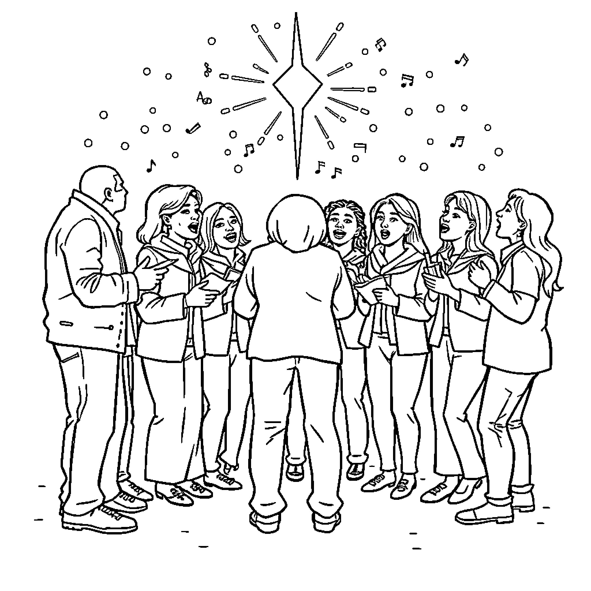 Ice Agent Celebrating with a Group of People Coloring Page (free black-and-white line drawing printable PDF for all, from beginners to advanced learners, including children, teens, adults, and seniors)