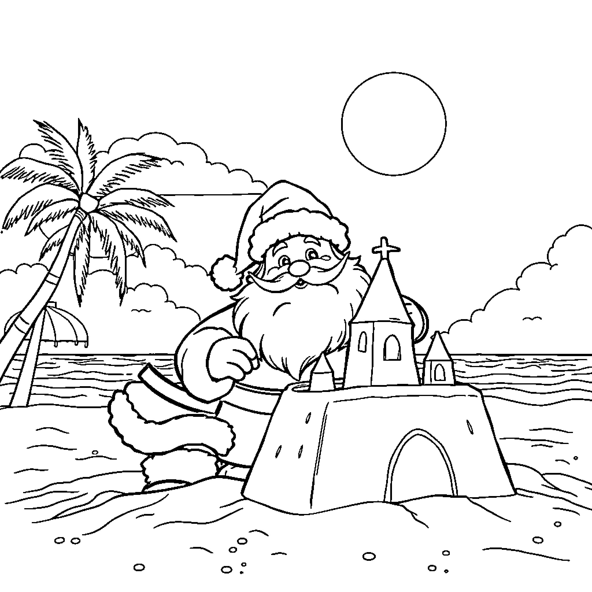 Santa building a sand castle on the beach Coloring Page (free black-and-white line drawing printable PDF for all, from beginners to advanced learners, including children, teens, adults, and seniors)