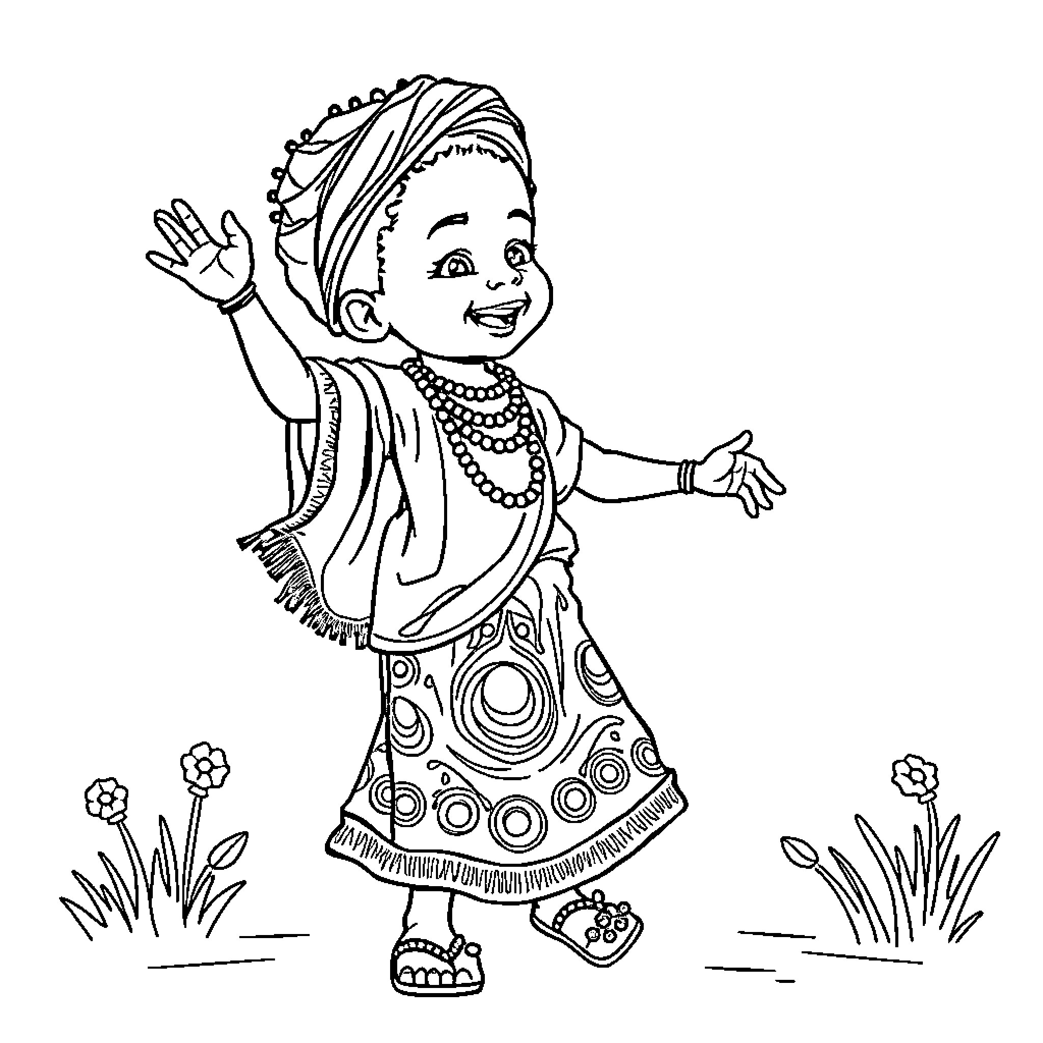 Kid dances joyfully in ornate outfit Coloring Page (free black-and-white line drawing printable PDF for all, from beginners to advanced learners, including children, teens, adults, and seniors)
