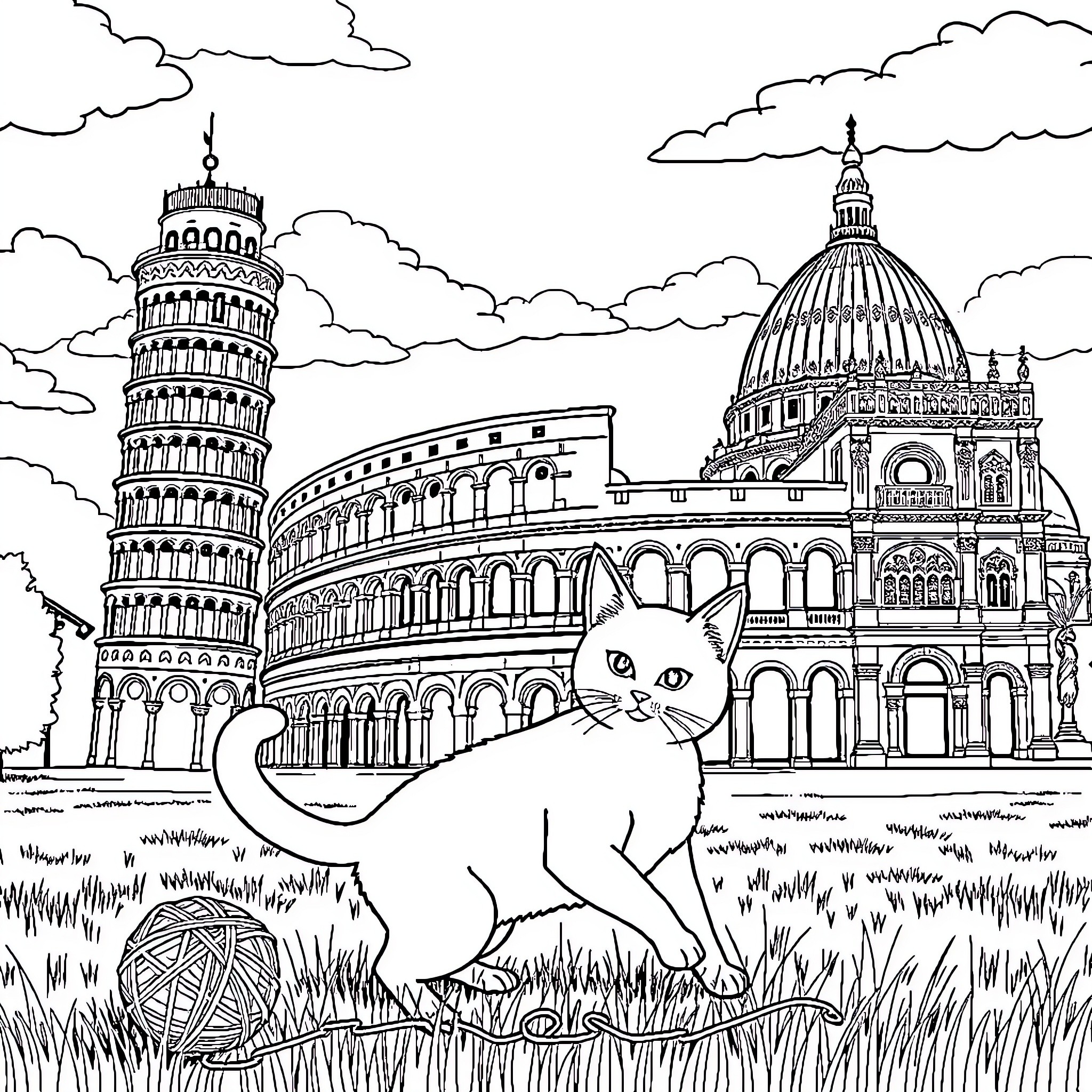 Cat enjoying architectural masterpieces in picturesque scenery Coloring Page (free black-and-white line drawing printable PDF for all, from beginners to advanced learners, including children, teens, adults, and seniors)