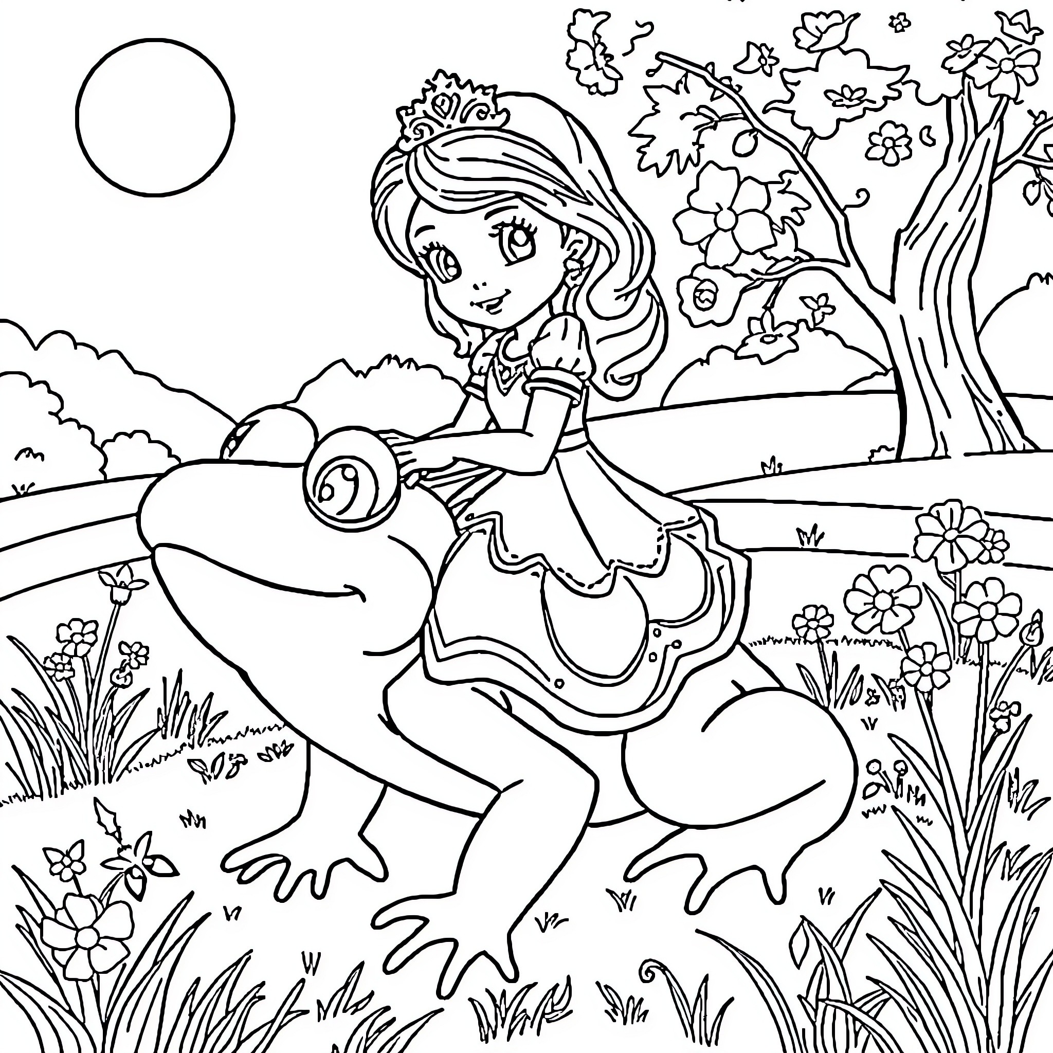 Sofia's Magical Ride on a Fantastical Creature Coloring Page (free black-and-white line drawing printable PDF for all, from beginners to advanced learners, including children, teens, adults, and seniors)