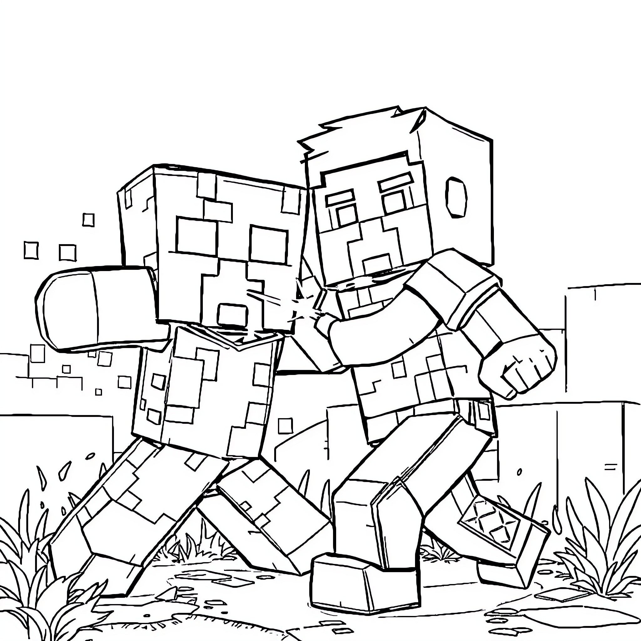 Creeper Confronting Minecraft Character in Nature Coloring Page (free black-and-white line drawing printable PDF for all, from beginners to advanced learners, including children, teens, adults, and seniors)