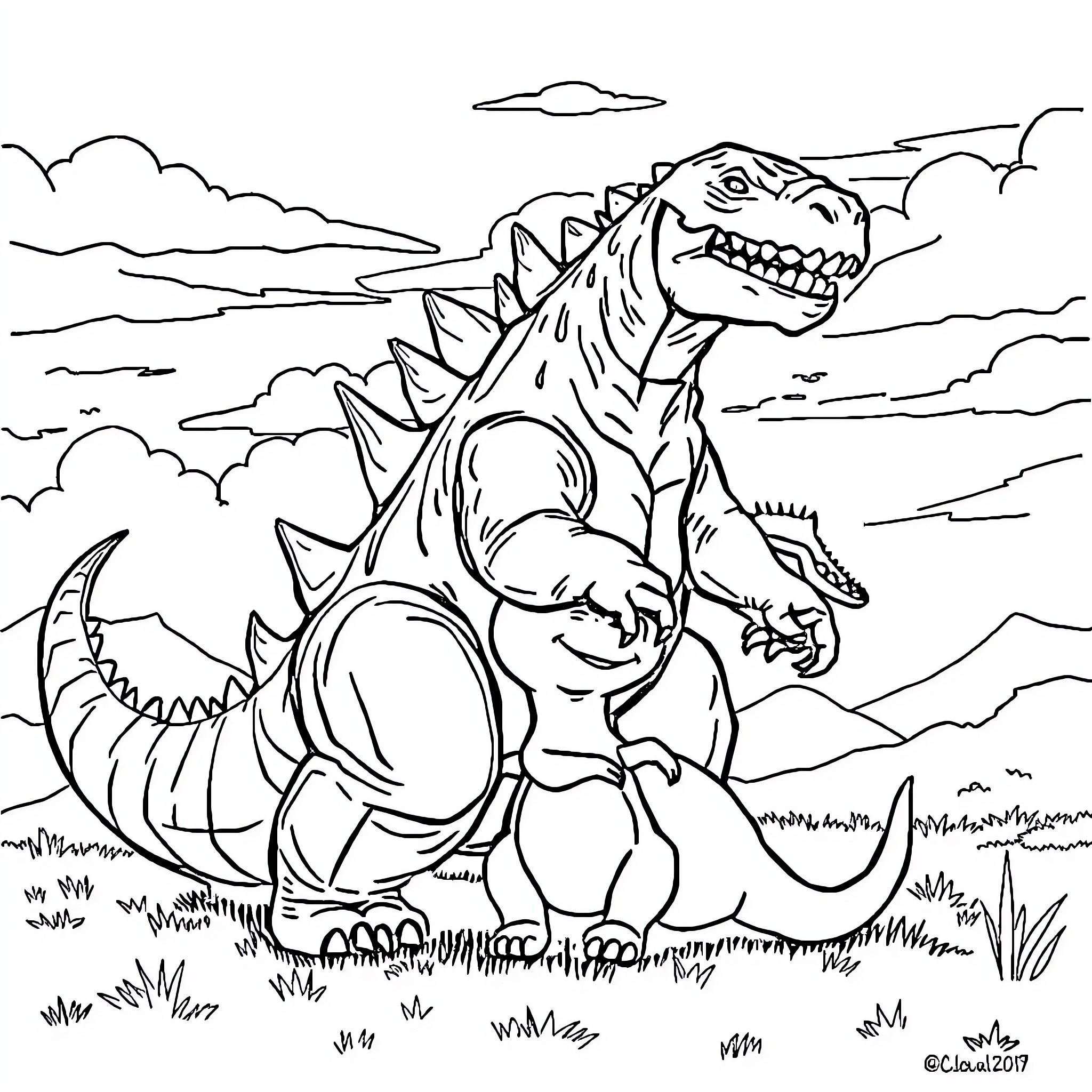 Godzilla Stomping Through a Scenic Landscape Coloring Page (free black-and-white line drawing printable PDF for all, from beginners to advanced learners, including children, teens, adults, and seniors)
