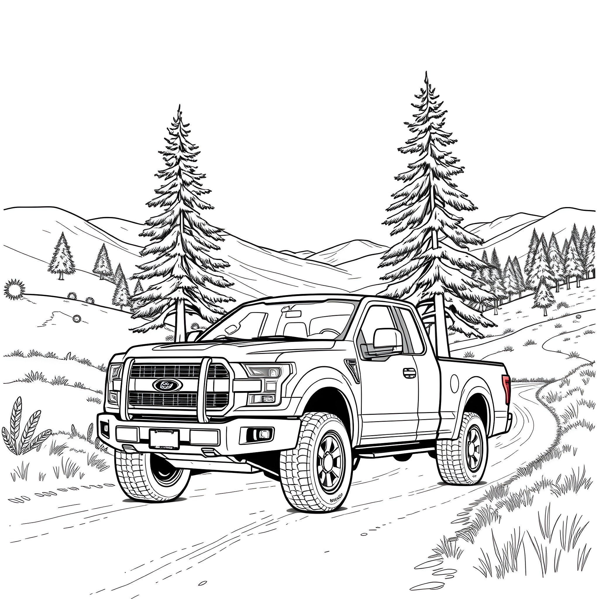 Pick Up Truck on Scenic Mountain Road Coloring Page (free black-and-white line drawing printable PDF for all, from beginners to advanced learners, including children, teens, adults, and seniors)