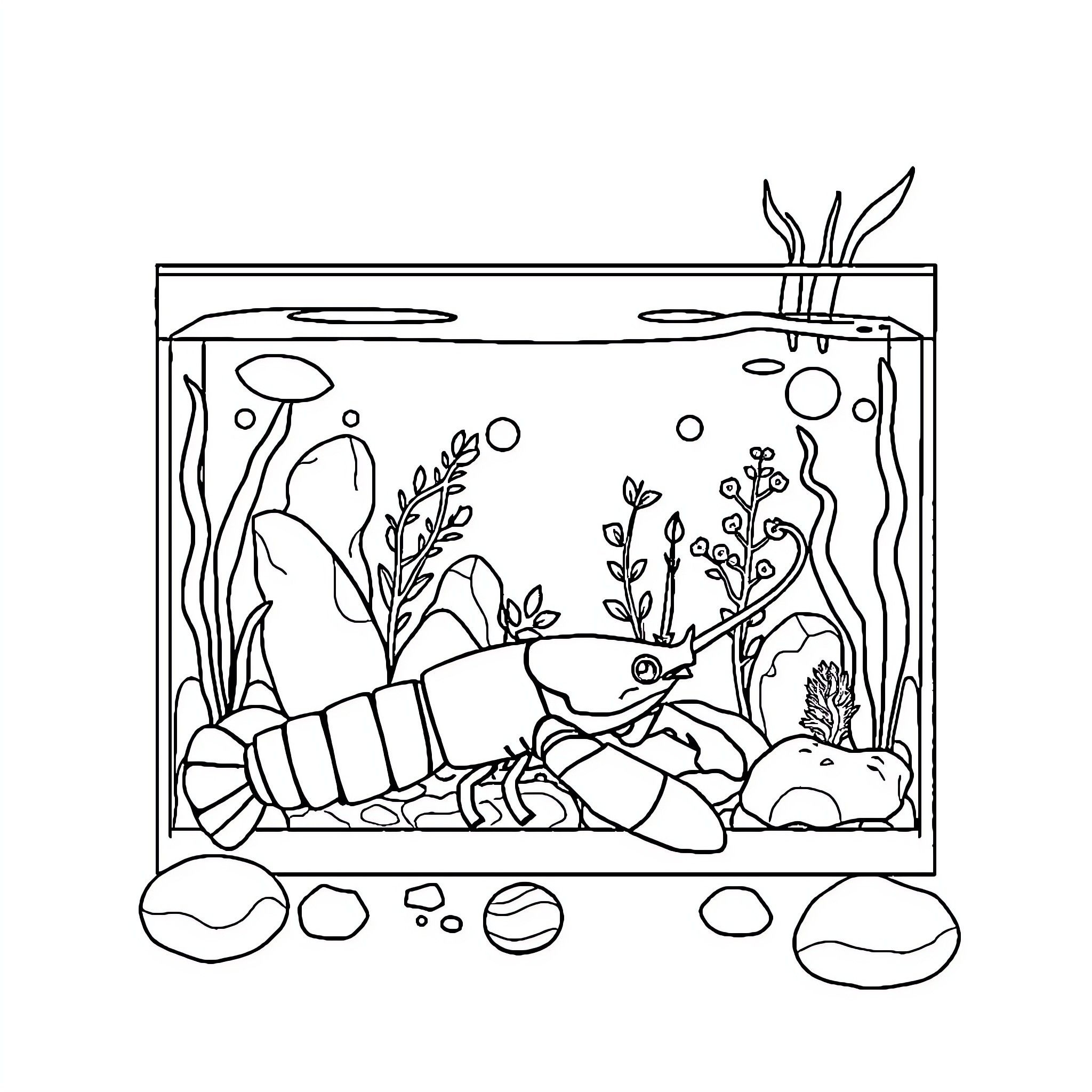 Lobster exploring underwater rock garden Coloring Page (free black-and-white line drawing printable PDF for all, from beginners to advanced learners, including children, teens, adults, and seniors)