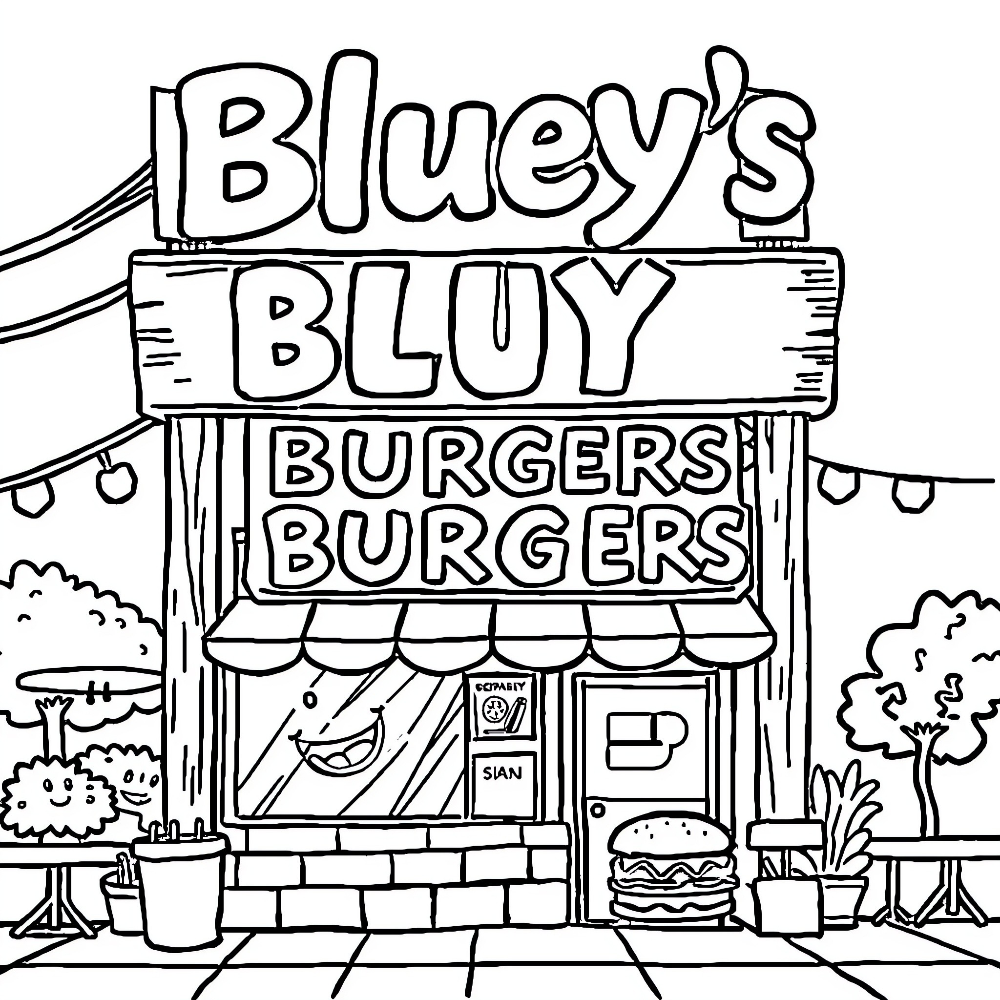 Bluey's Bluy Burgers Burgers Coloring Page (free black-and-white line drawing printable PDF for all, from beginners to advanced learners, including children, teens, adults, and seniors)