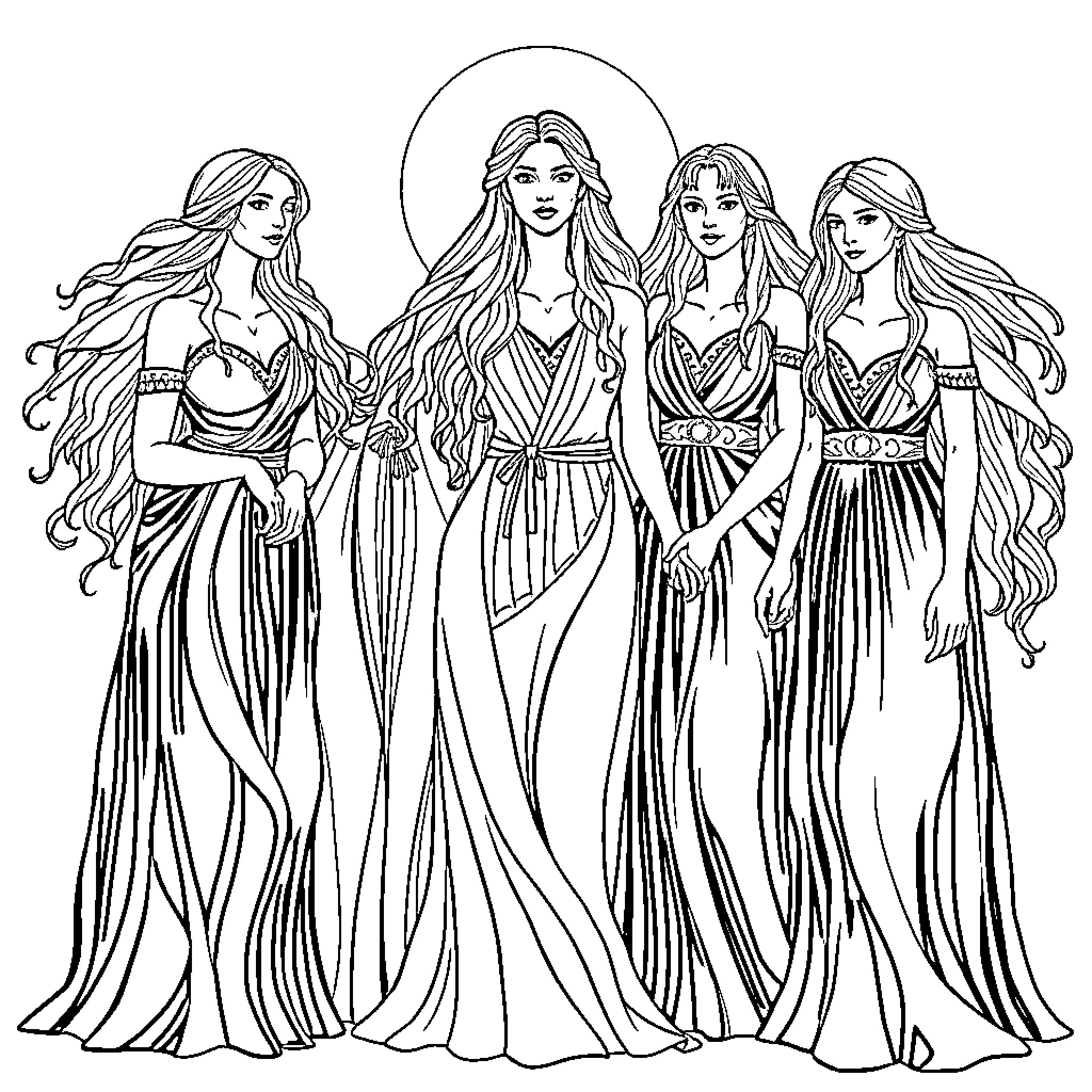 Daughter's Elegant Ensemble: A Gathering of Graceful Figures Coloring Page (free black-and-white line drawing printable PDF for all, from beginners to advanced learners, including children, teens, adults, and seniors)