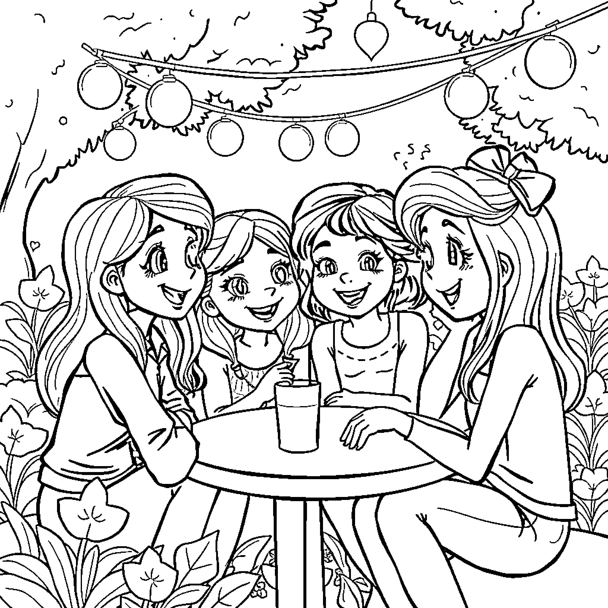 Gabby and friends enjoy a lively outdoor gathering Coloring Page (free black-and-white line drawing printable PDF for all, from beginners to advanced learners, including children, teens, adults, and seniors)