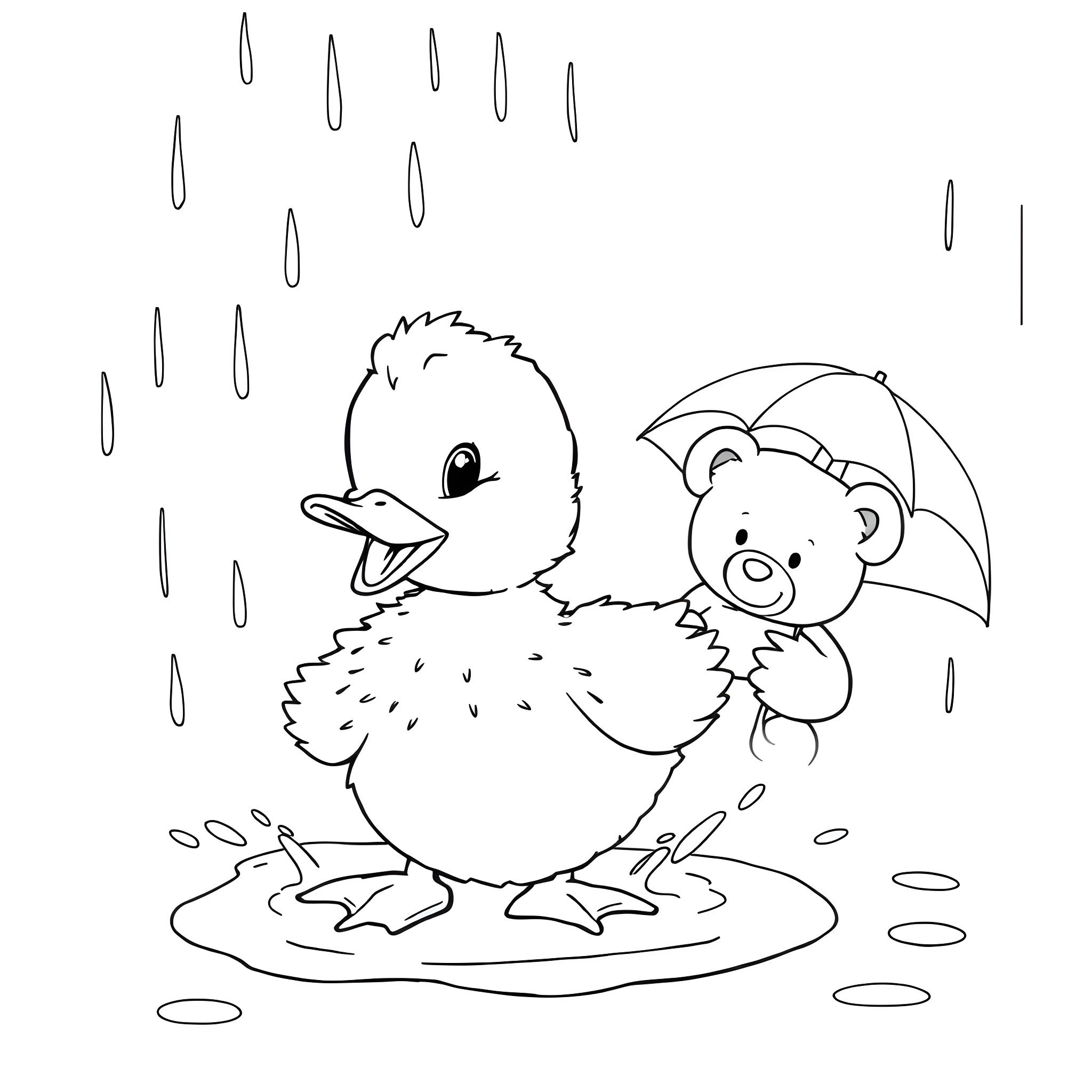 Duck playing with a teddy bear in the rain Coloring Page (free black-and-white line drawing printable PDF for all, from beginners to advanced learners, including children, teens, adults, and seniors)
