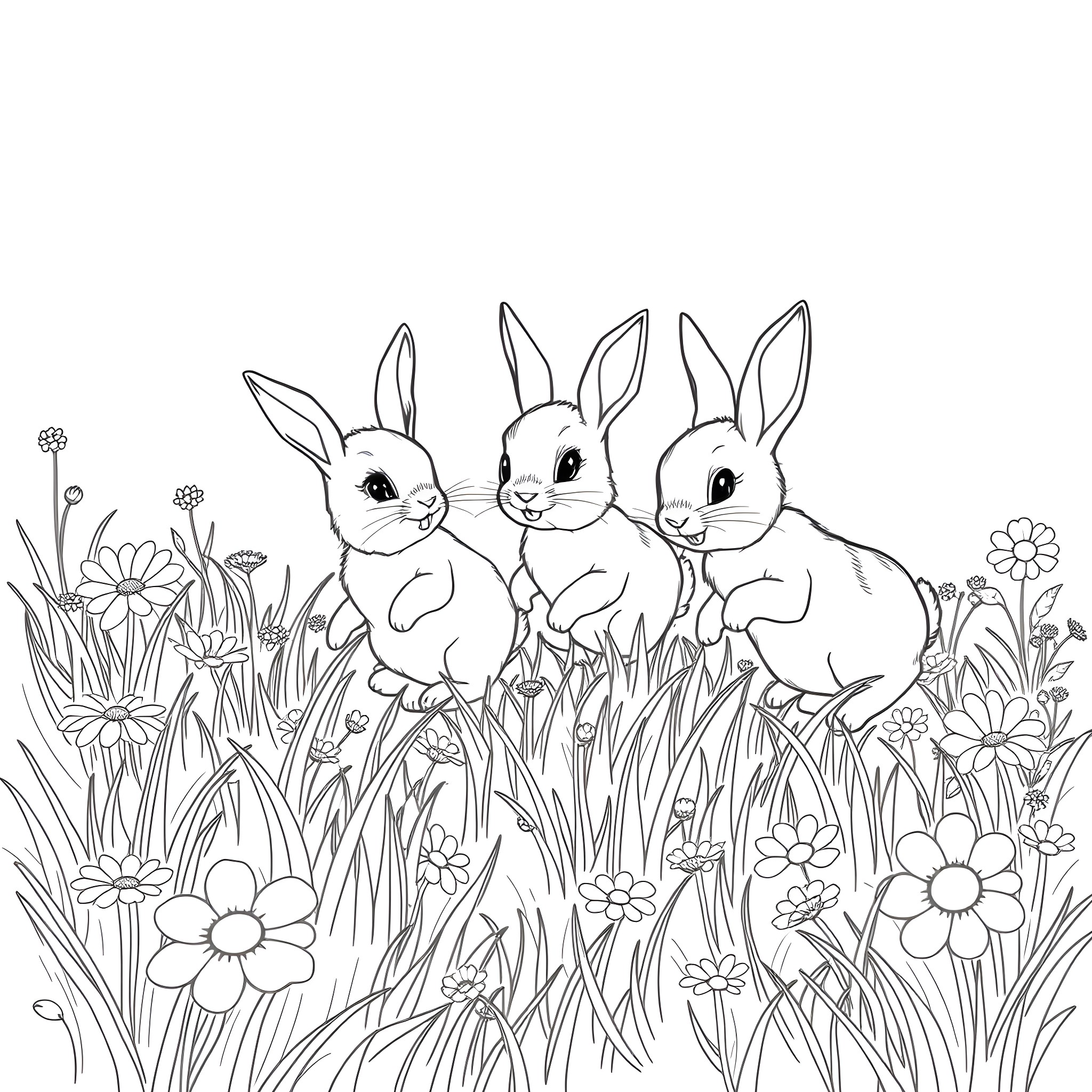 Bunny Rabbits Frolicking in Flowery Meadow Coloring Page (free black-and-white line drawing printable PDF for all, from beginners to advanced learners, including children, teens, adults, and seniors)
