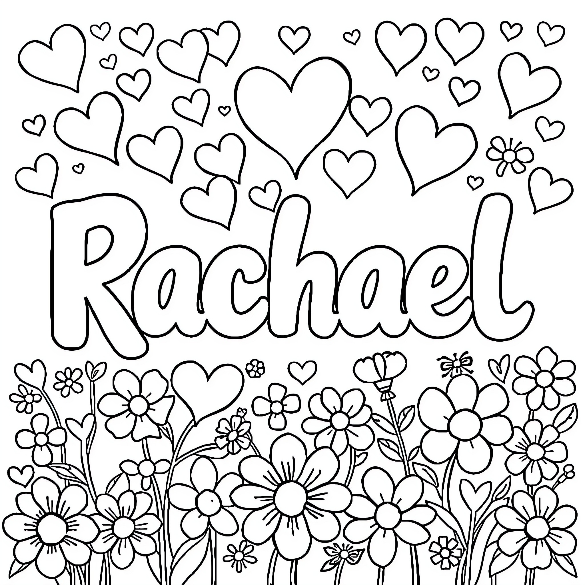 Heart-filled Floral Doodle with Name Coloring Page (free black-and-white line drawing printable PDF for all, from beginners to advanced learners, including children, teens, adults, and seniors)