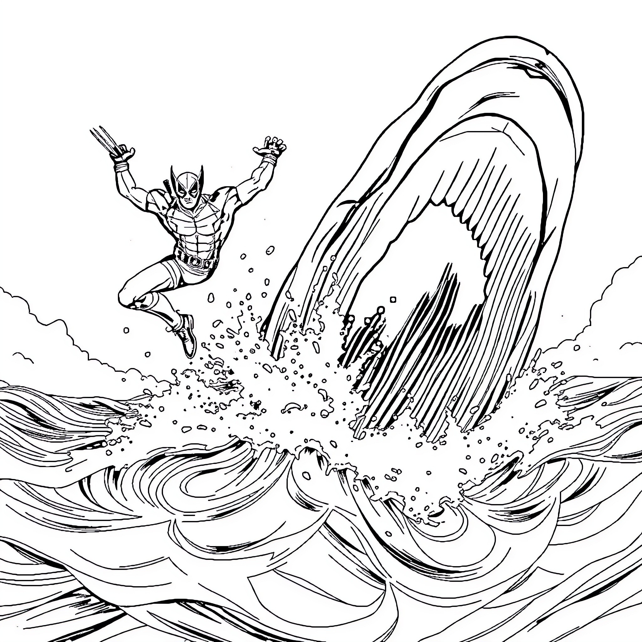 Deadpool leaping through waves and explosions Coloring Page (free black-and-white line drawing printable PDF for all, from beginners to advanced learners, including children, teens, adults, and seniors)