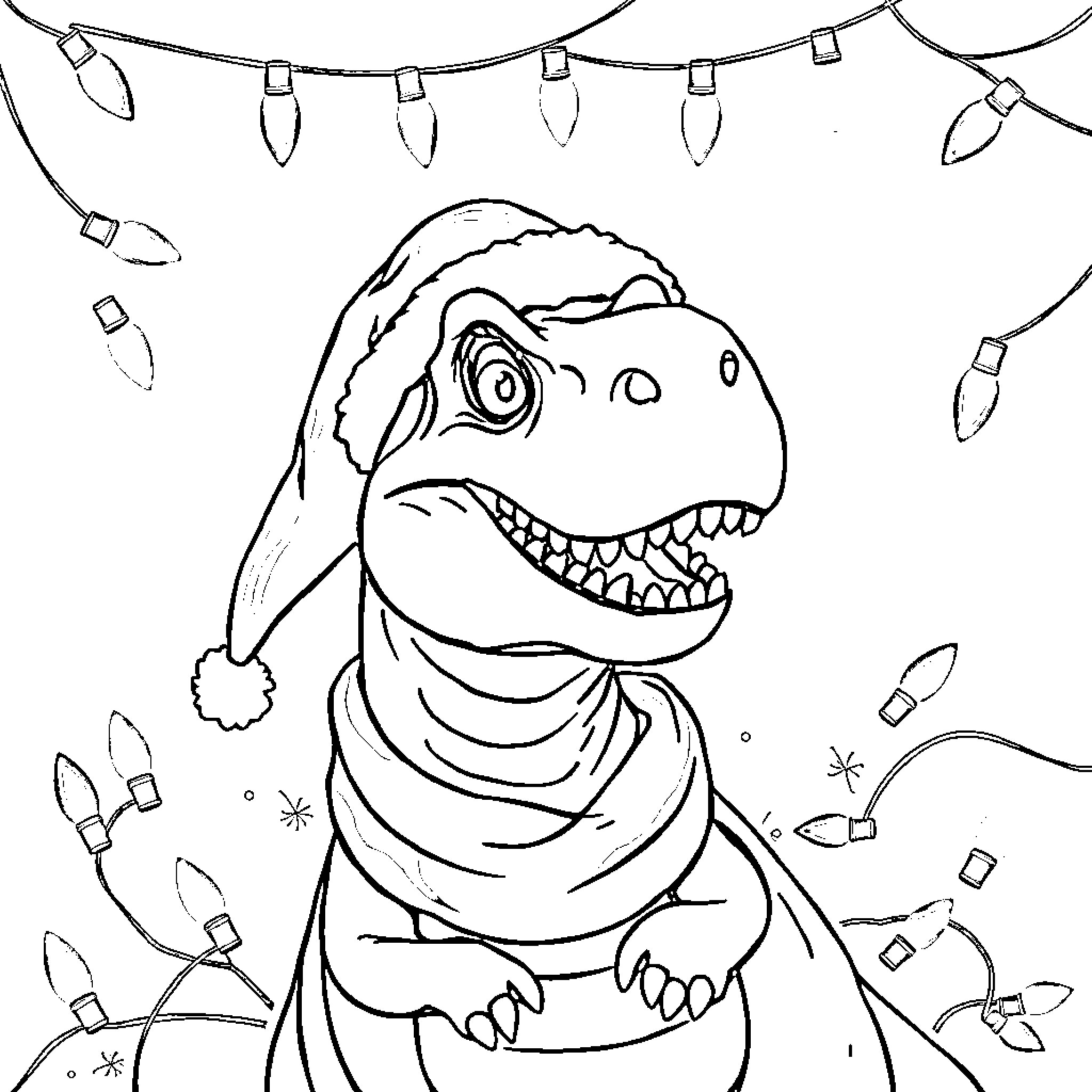 T-Rex wearing Santa hat and enjoying holiday lights Coloring Page (free black-and-white line drawing printable PDF for all, from beginners to advanced learners, including children, teens, adults, and seniors)
