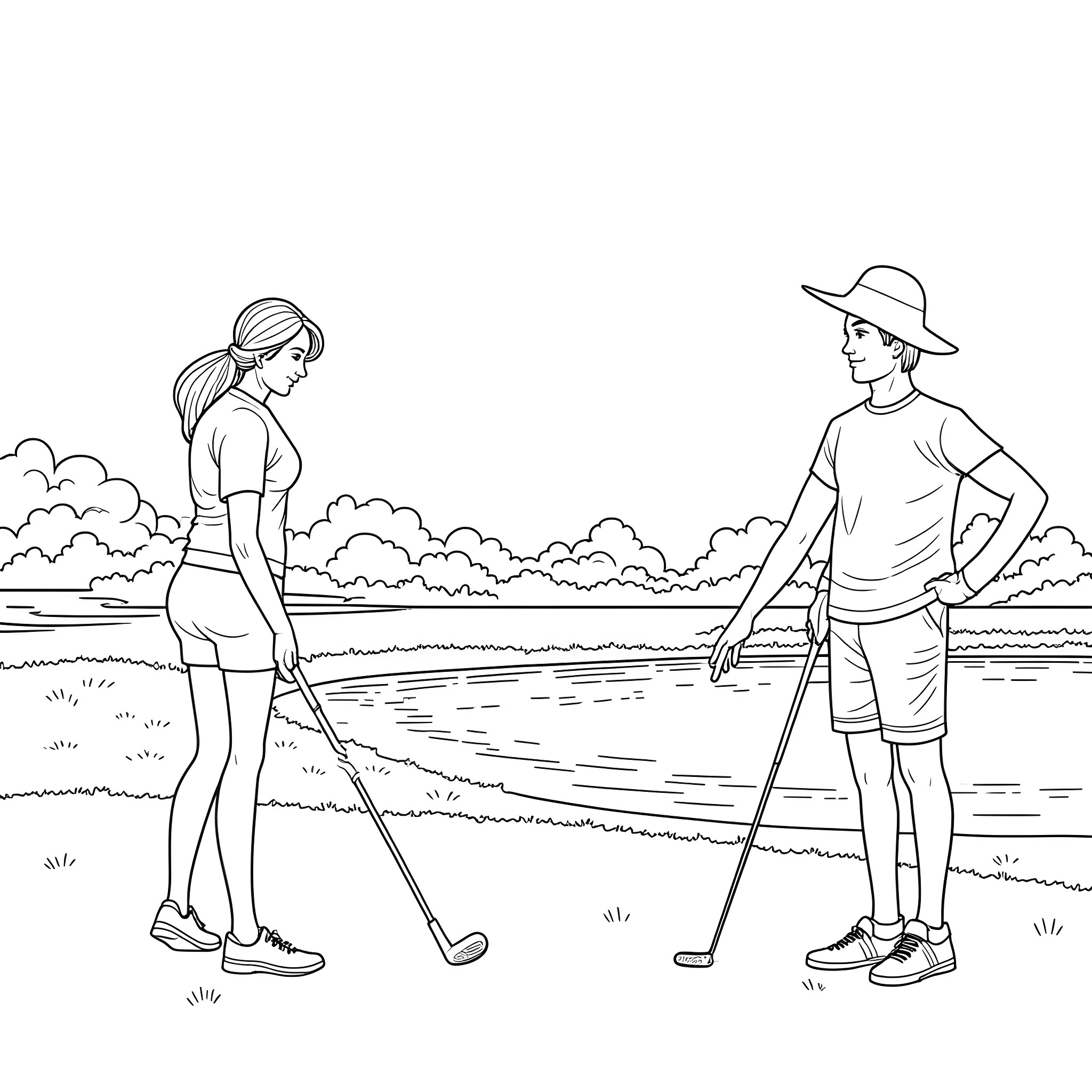 Woman and man playing golf on the course Coloring Page (free black-and-white line drawing printable PDF for all, from beginners to advanced learners, including children, teens, adults, and seniors)