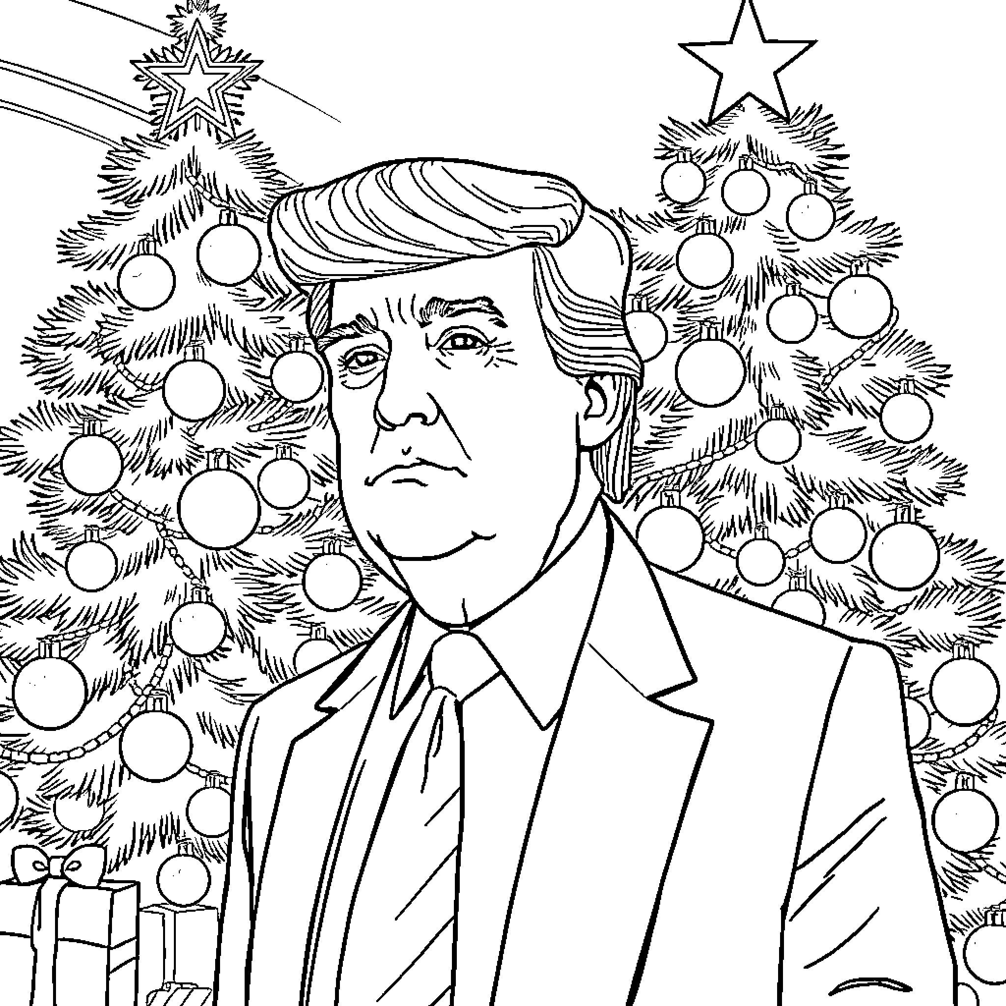 Donald Trump posing in front of Christmas trees Coloring Page (free black-and-white line drawing printable PDF for all, from beginners to advanced learners, including children, teens, adults, and seniors)