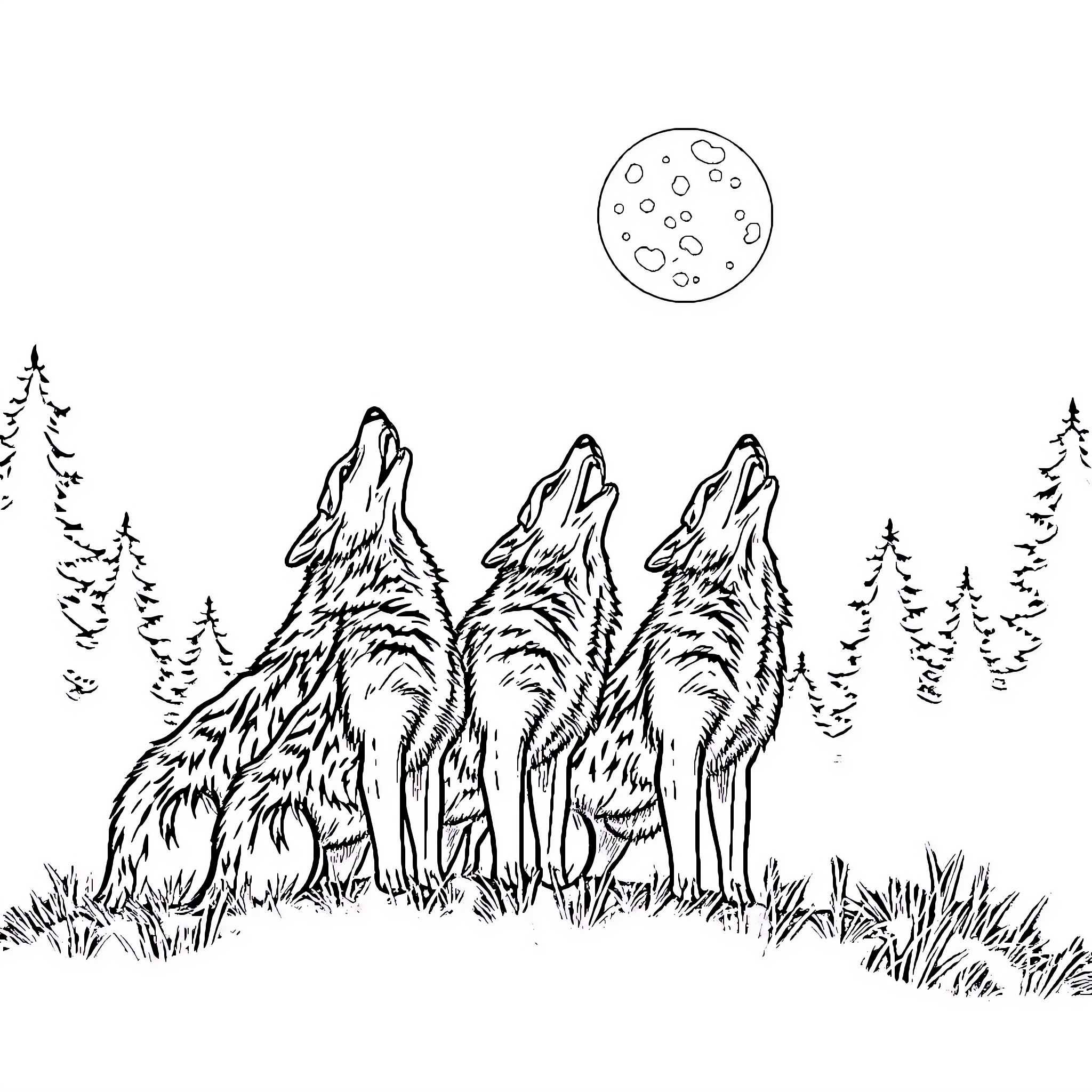 Coyotes howling at the moon in a forest Coloring Page (free black-and-white line drawing printable PDF for all, from beginners to advanced learners, including children, teens, adults, and seniors)