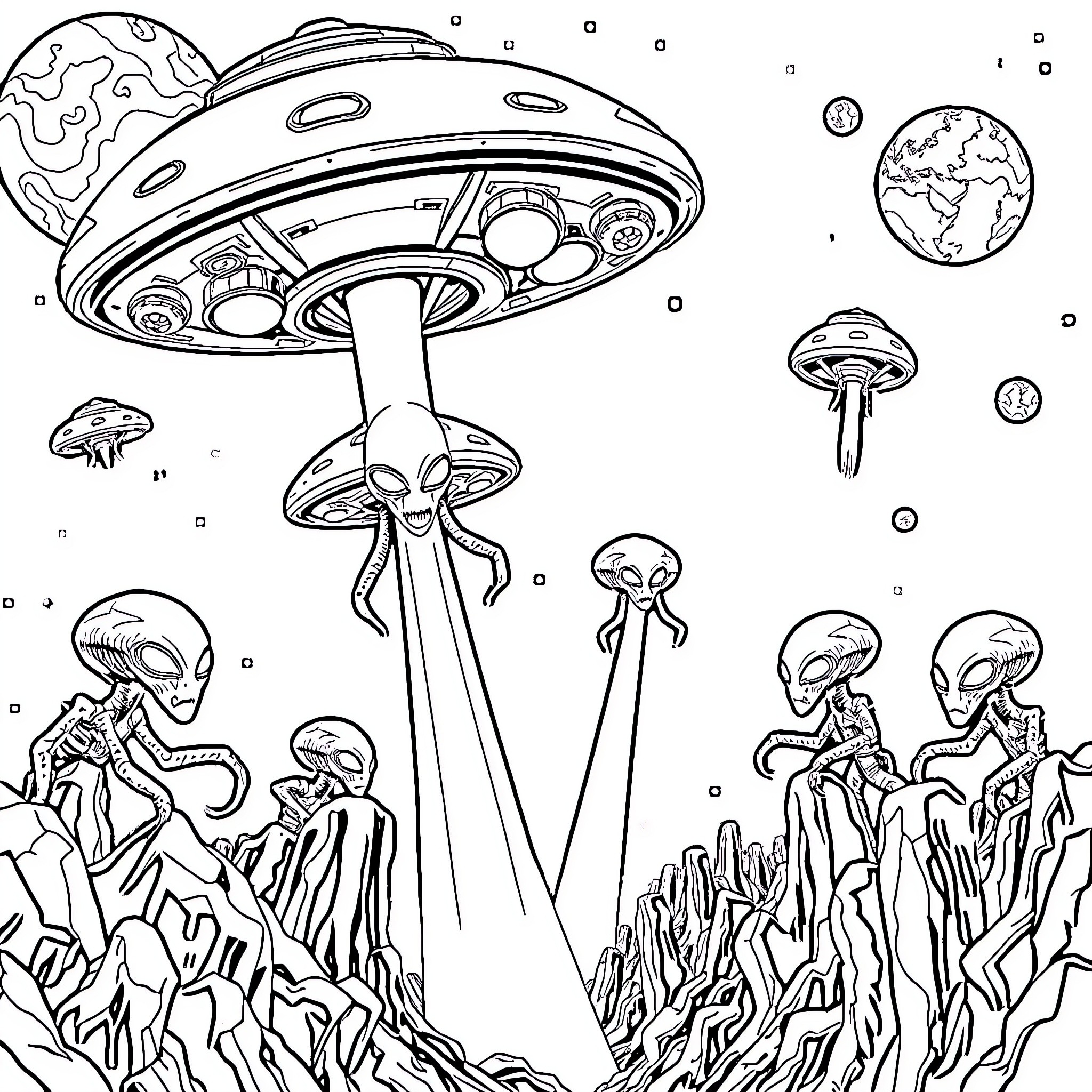 Alien spacecraft encounter with mysterious lifeforms Coloring Page (free black-and-white line drawing printable PDF for all, from beginners to advanced learners, including children, teens, adults, and seniors)