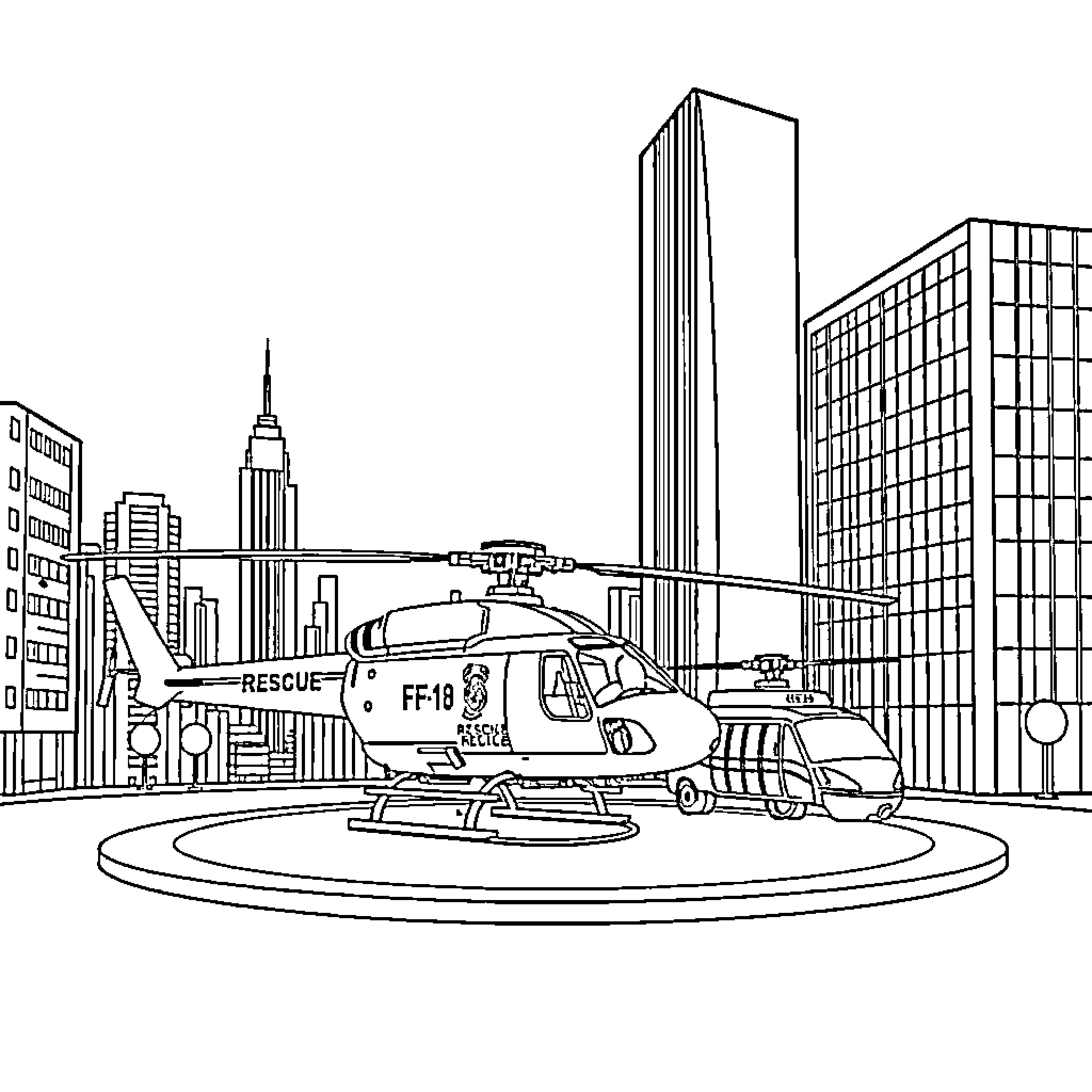 Helicopter rescue operation in the city Coloring Page (free black-and-white line drawing printable PDF for all, from beginners to advanced learners, including children, teens, adults, and seniors)