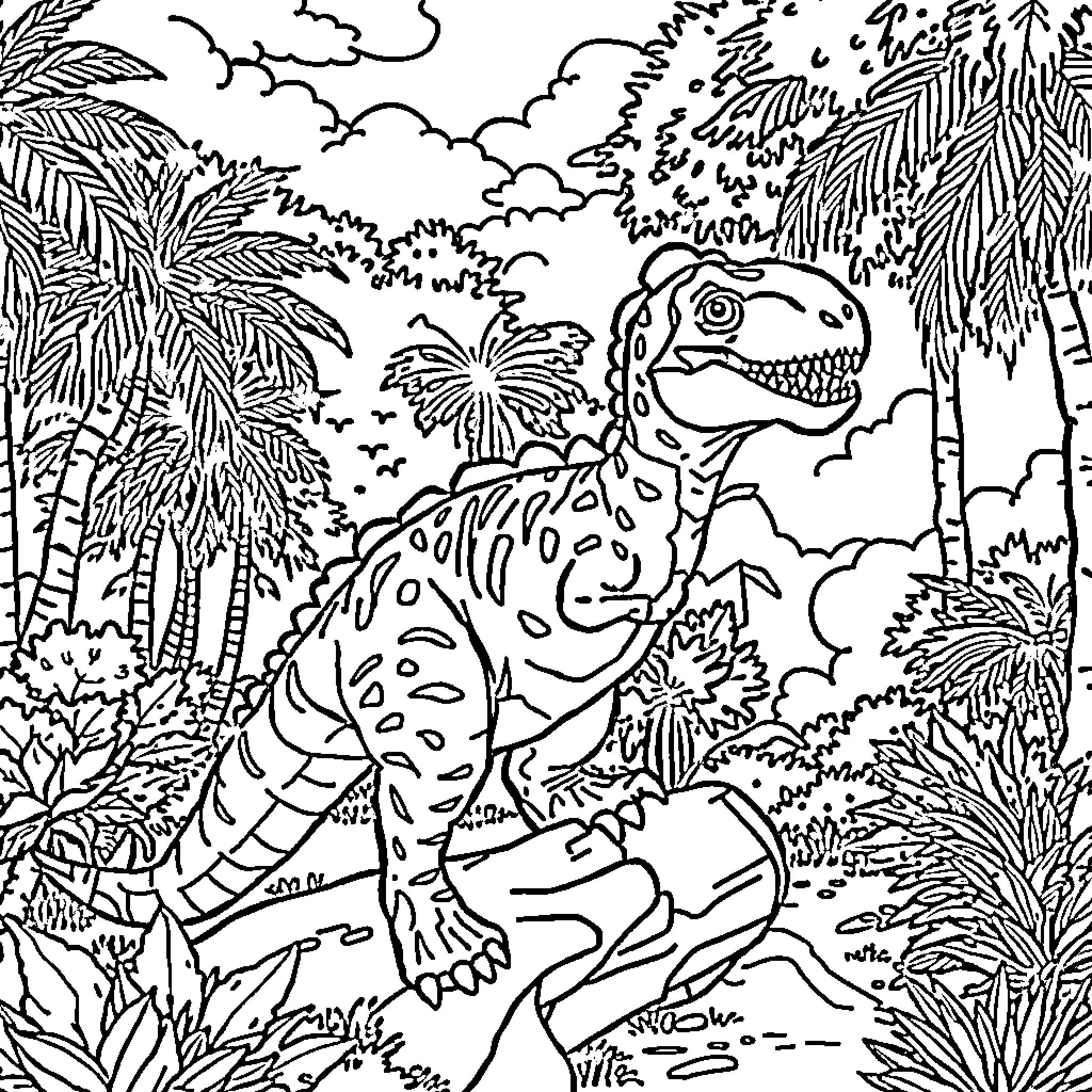 Dinosaurs playing in the prehistoric jungle Coloring Page (free black-and-white line drawing printable PDF for all, from beginners to advanced learners, including children, teens, adults, and seniors)