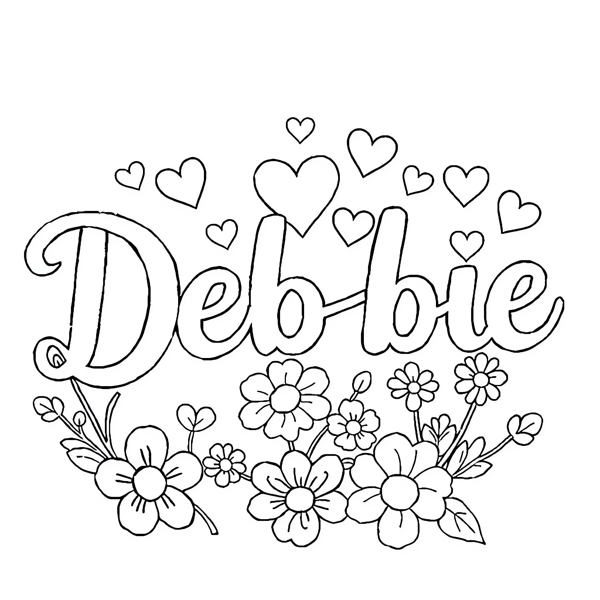 Debbie's Floral Doodle Coloring Page (free black-and-white line drawing printable PDF for all, from beginners to advanced learners, including children, teens, adults, and seniors)