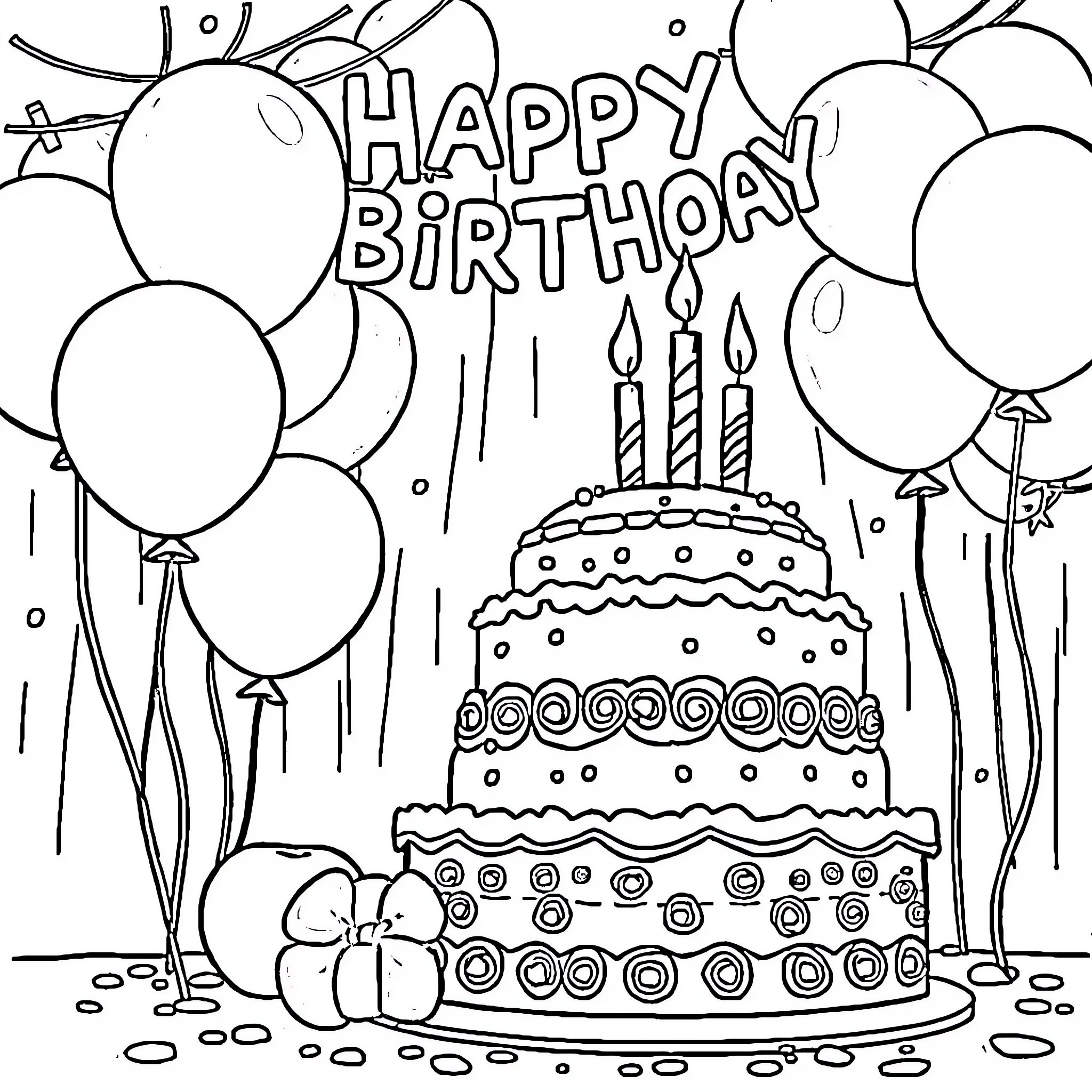Birthday celebration with cake and balloons Coloring Page (free black-and-white line drawing printable PDF for all, from beginners to advanced learners, including children, teens, adults, and seniors)