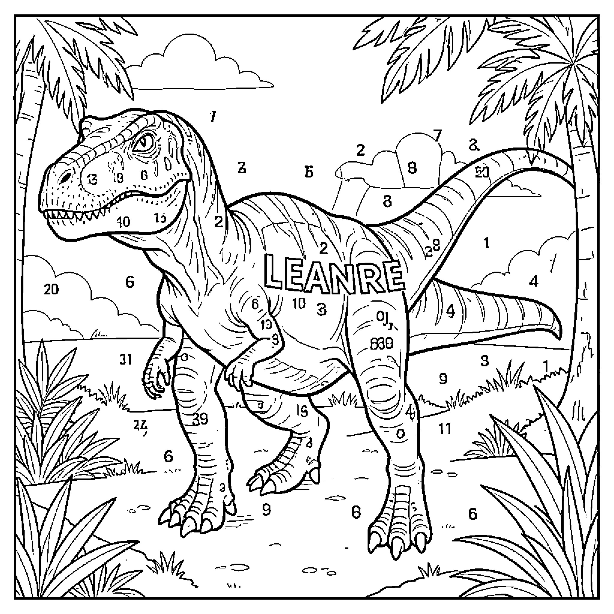 Dinosaur standing in a tropical jungle landscape Coloring Page (free black-and-white line drawing printable PDF for all, from beginners to advanced learners, including children, teens, adults, and seniors)