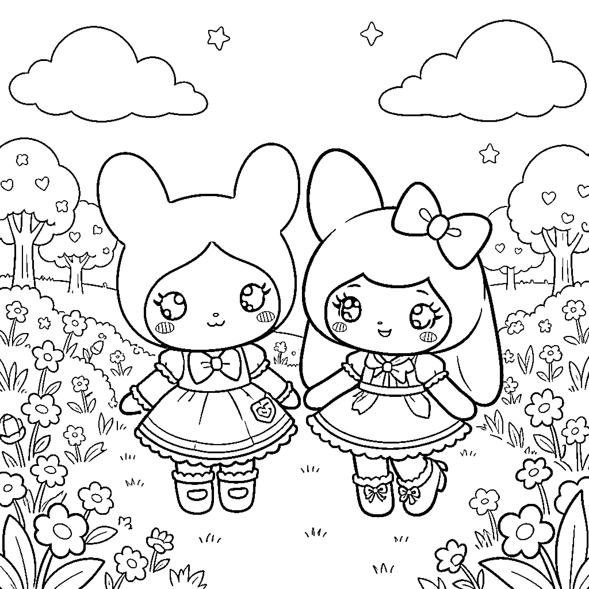 Kuromi and friends in a whimsical garden Coloring Page (free black-and-white line drawing printable PDF for all, from beginners to advanced learners, including children, teens, adults, and seniors)