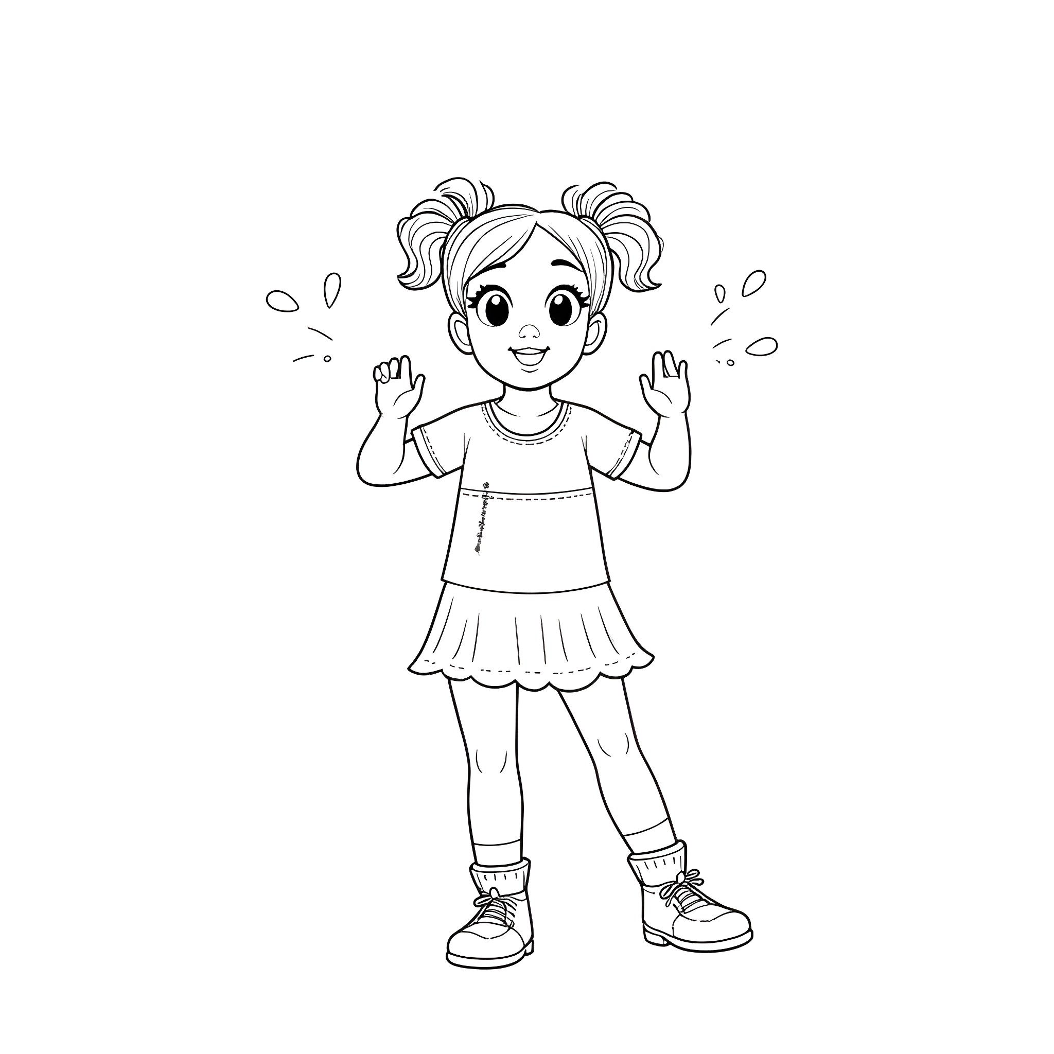 Girl expressing joy and excitement Coloring Page (free black-and-white line drawing printable PDF for all, from beginners to advanced learners, including children, teens, adults, and seniors)