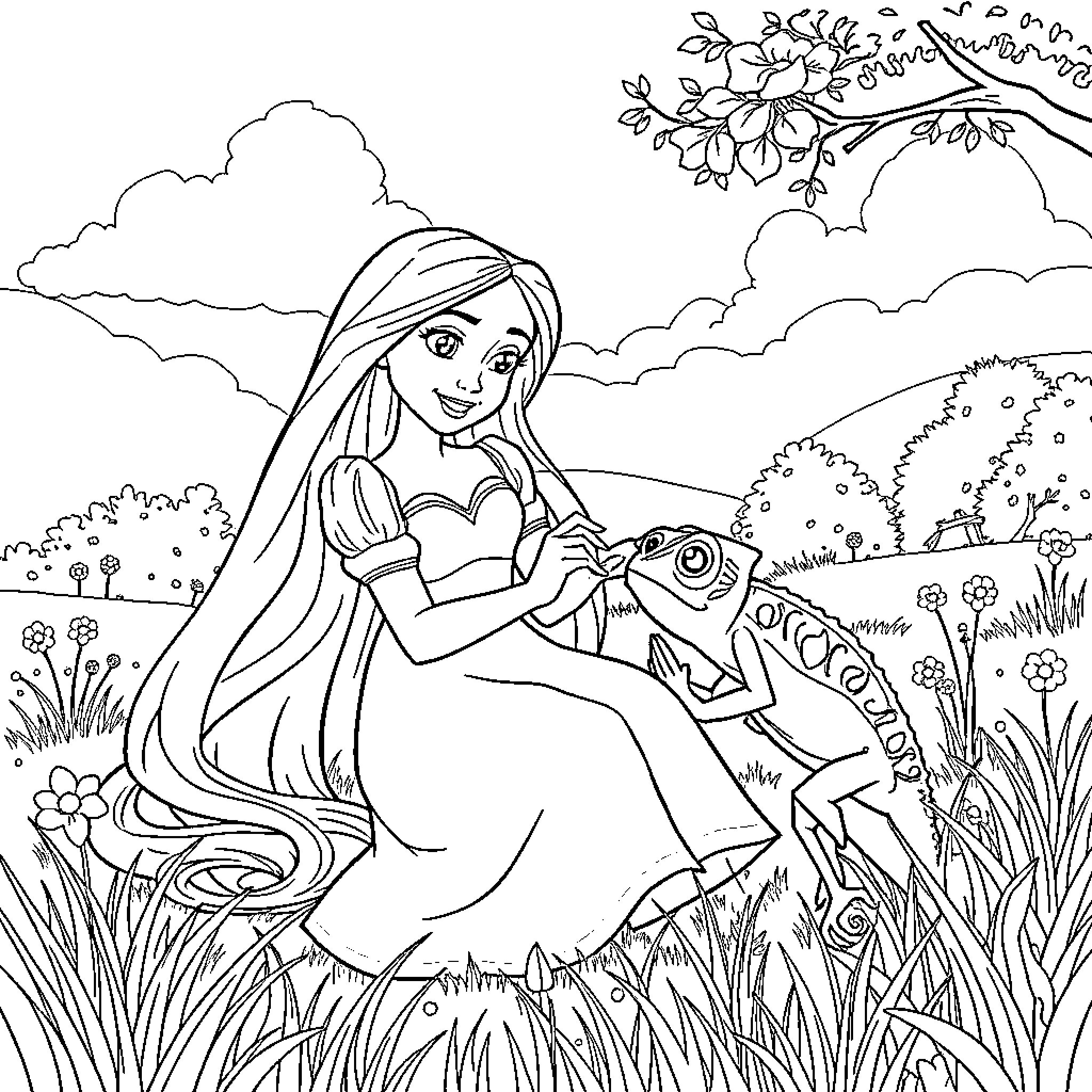 Rapunzel enjoys nature's beauty with her animal companion Coloring Page (free black-and-white line drawing printable PDF for all, from beginners to advanced learners, including children, teens, adults, and seniors)