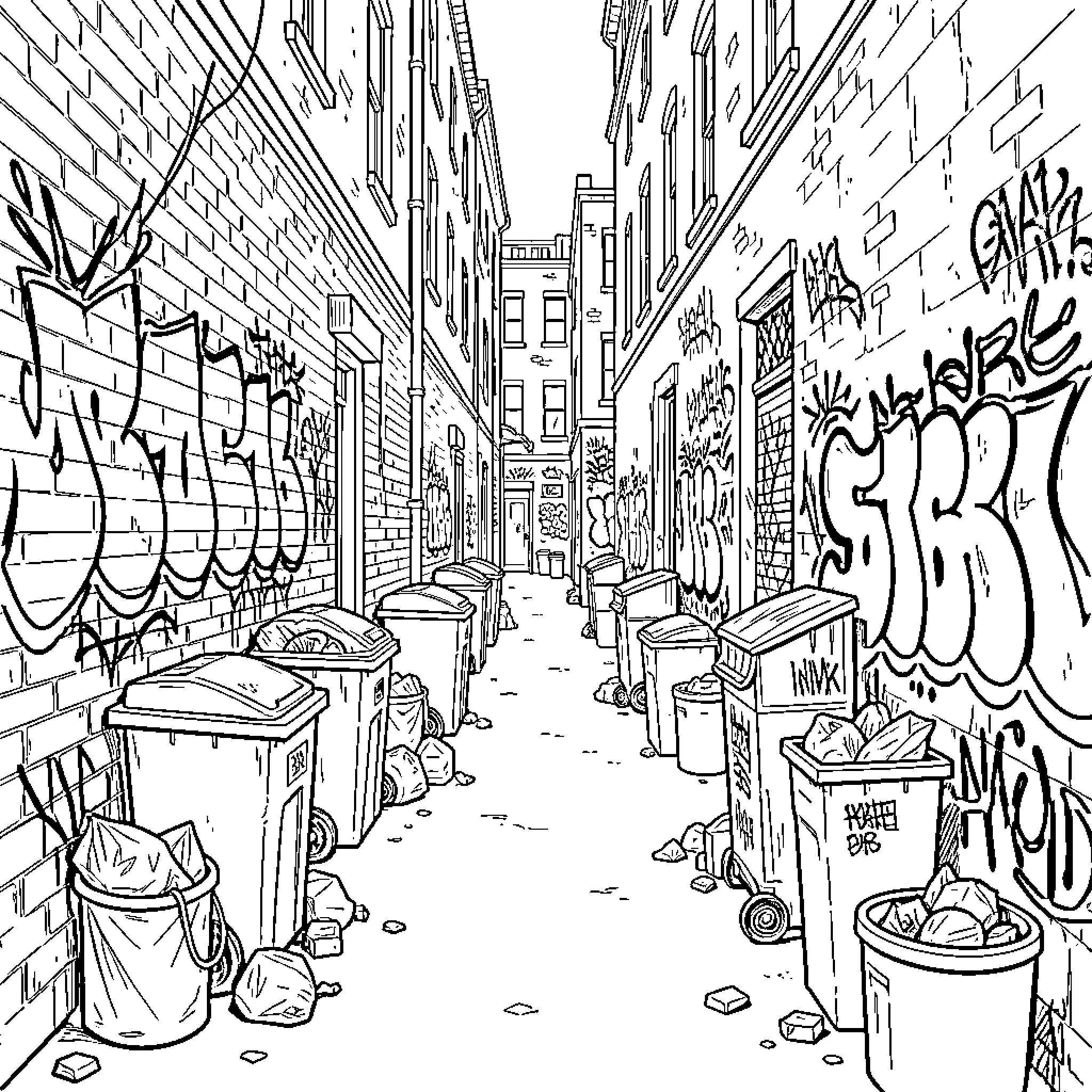 Alley filled with graffiti and many trash bins Coloring Page (free black-and-white line drawing printable PDF for all, from beginners to advanced learners, including children, teens, adults, and seniors)
