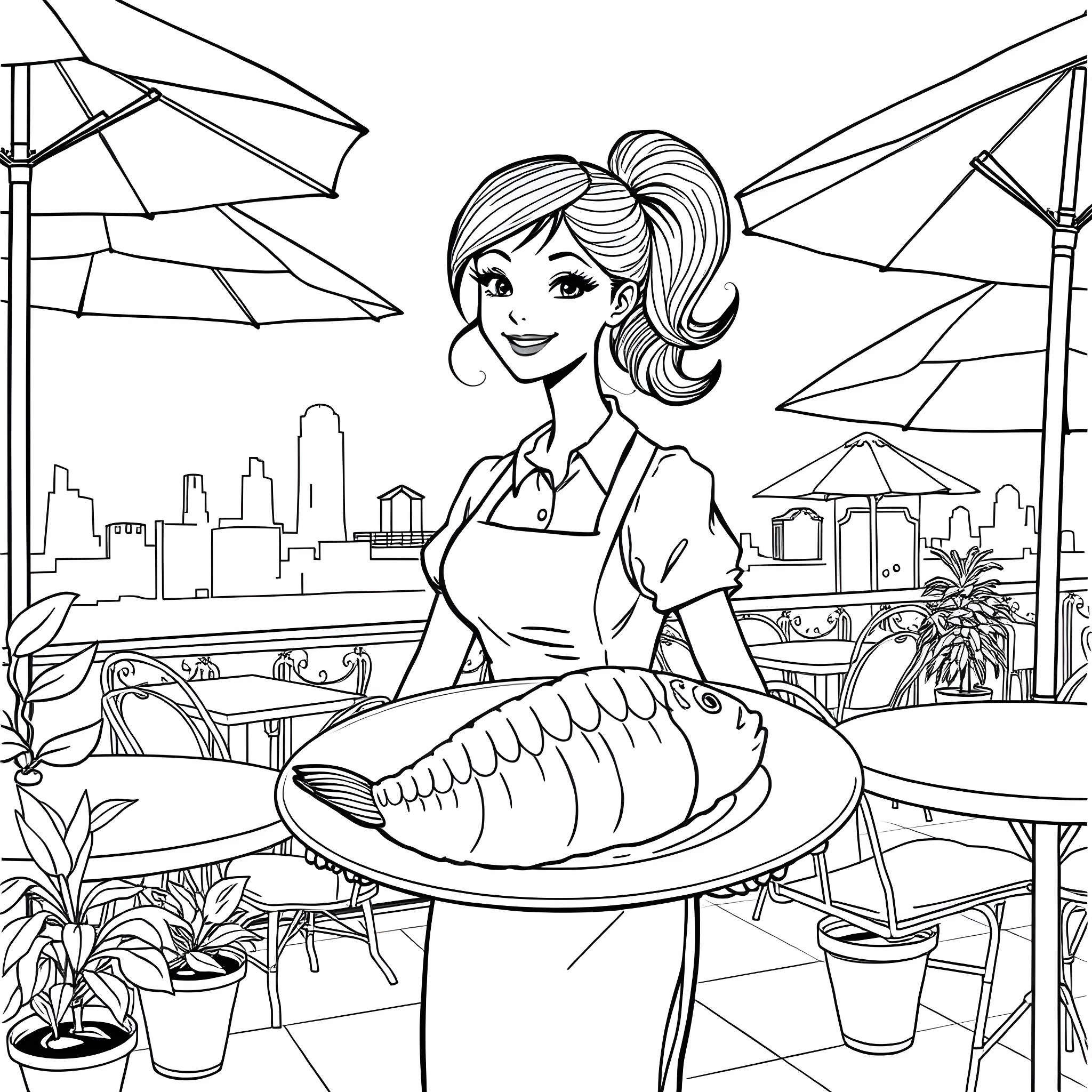 Waitress serving food with a smile in an outdoor cafe Coloring Page (free black-and-white line drawing printable PDF for all, from beginners to advanced learners, including children, teens, adults, and seniors)