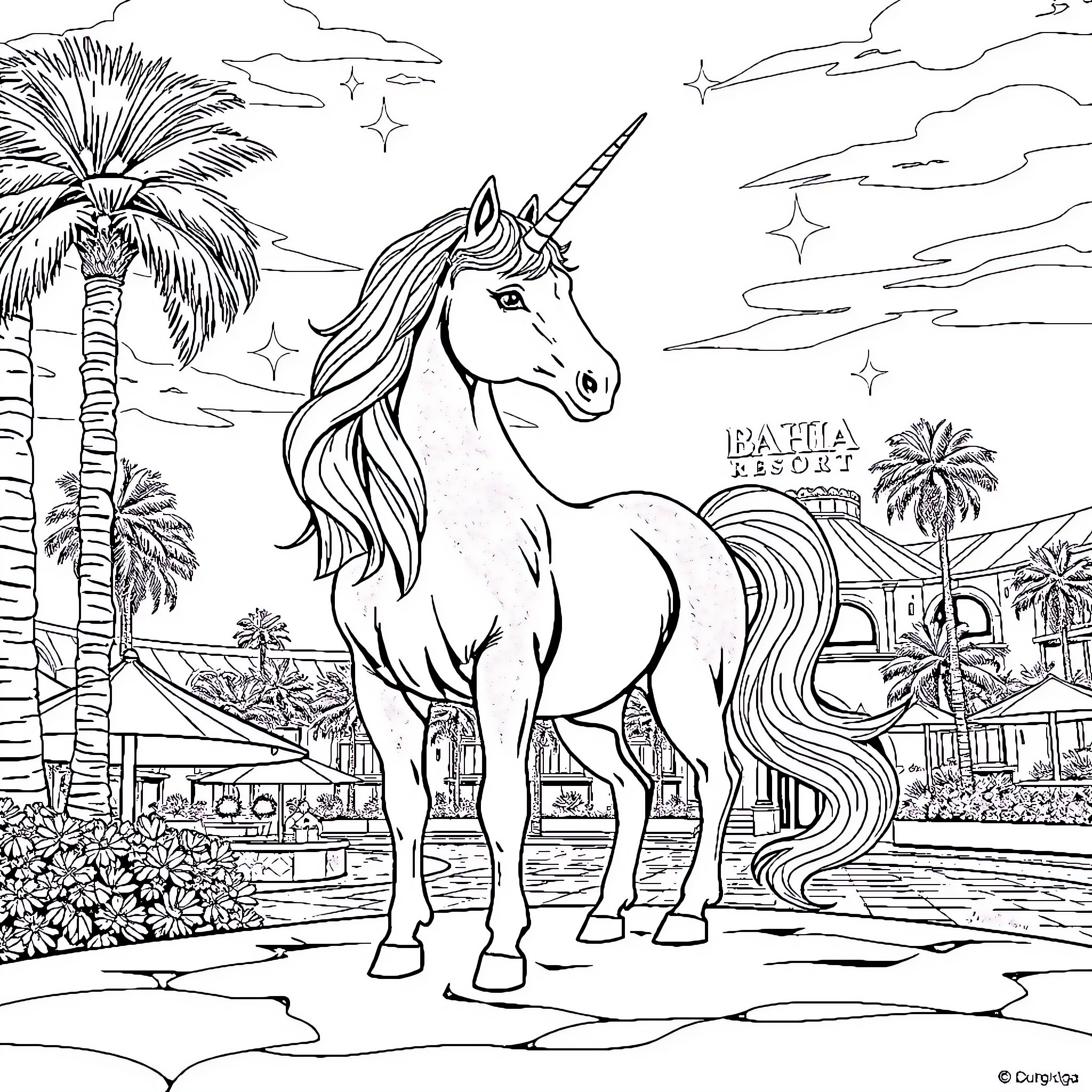 Unicorn in a tropical paradise Coloring Page (free black-and-white line drawing printable PDF for all, from beginners to advanced learners, including children, teens, adults, and seniors)